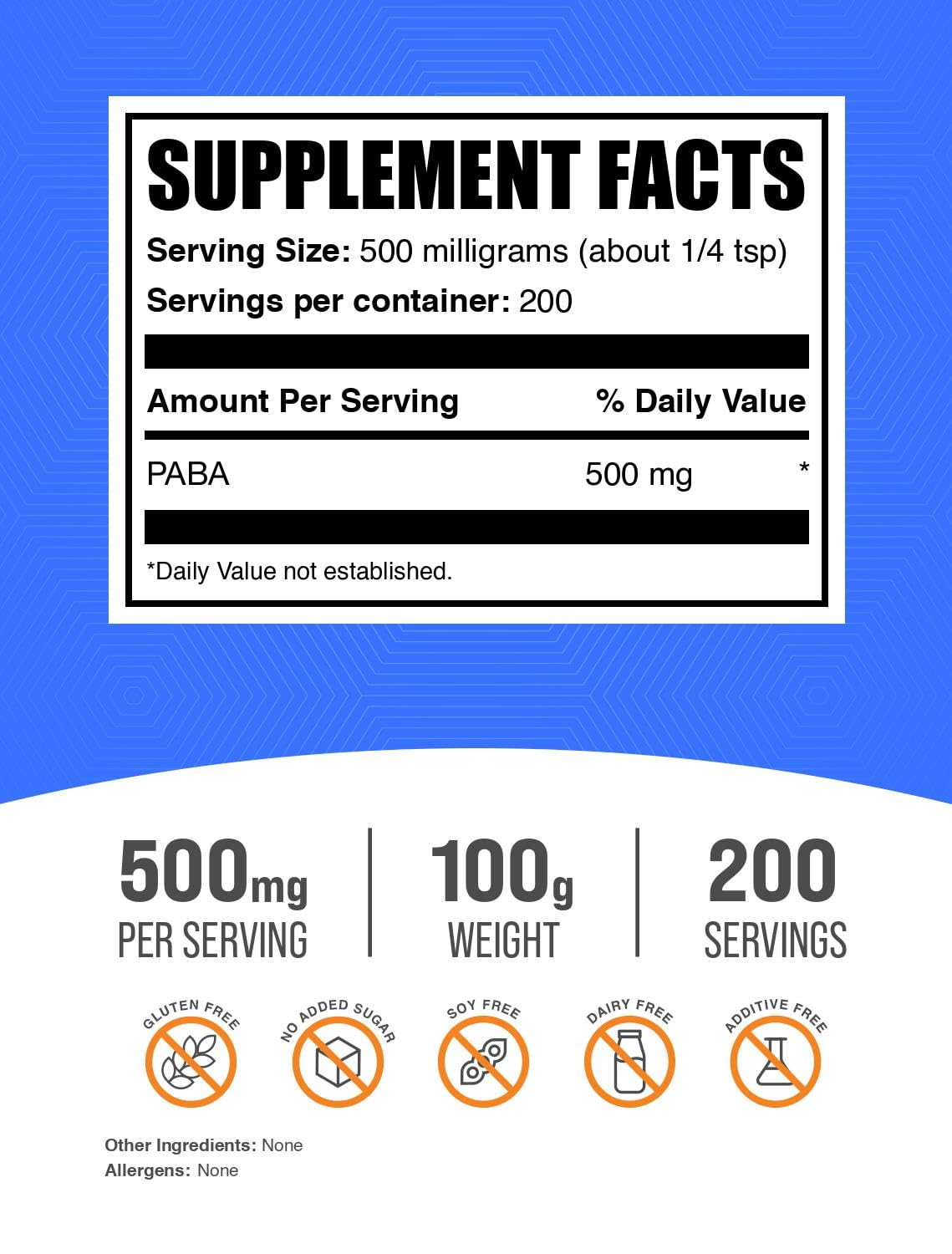 BulkSupplements.com PABA Powder - para Aminobenzoic Acid, PABA 500mg - PABA Supplement for Wellness - Vegan & Gluten Free, 500mg per Serving, 100g (3.5 oz) (Pack of 1)