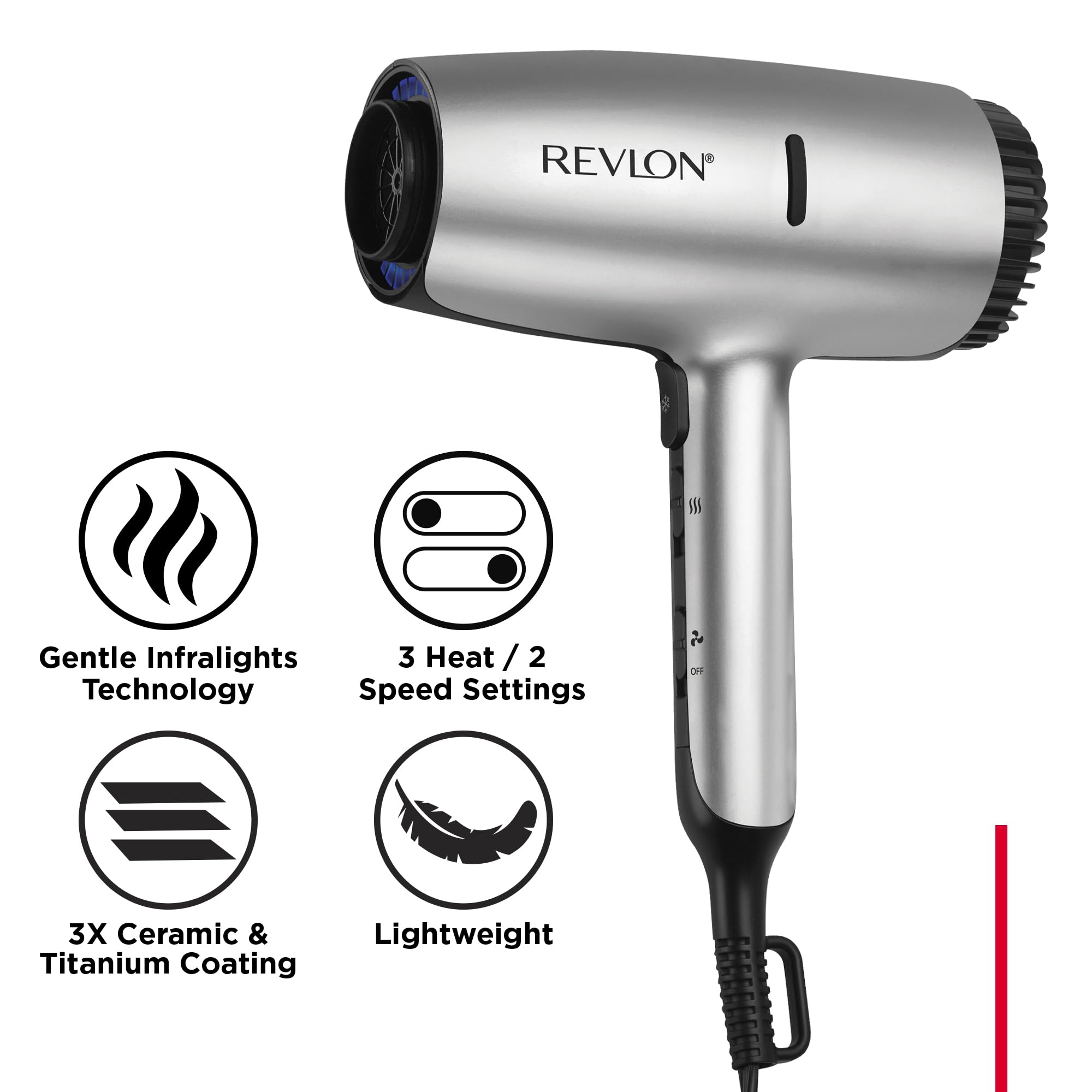 REVLON Dry Max Hair Dryer with Diffuser for Natural Curls| Prevents Frizz, Speeds Drying Time, and Reduces Damage, Plus Concentrator for Precise Styling, 1875 Watts (Silver)