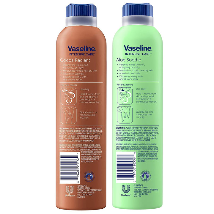 Vaseline Cocoa Radiant Spray + Aloe Soothe Spray Variety 2-Pack – Non-Greasy, Fast-Absorbing All-Over Moisturizer for Dry Skin, 6.5 Oz Ea