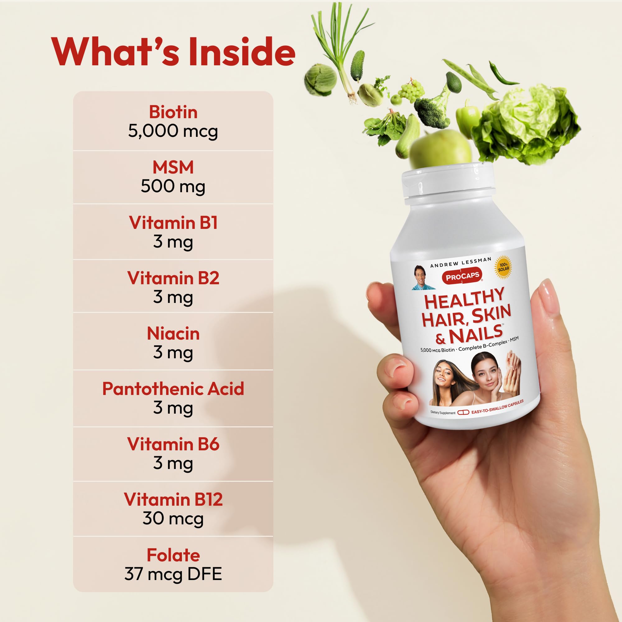 ANDREW LESSMAN Healthy Hair, Skin and Nails 120 Capsules - 5000 mcg High Bioactivity Biotin, B-Complex. Promotes Beautiful Skin, Strong Nails. No Additives Hair Growth Vitamins Biotin Supplement