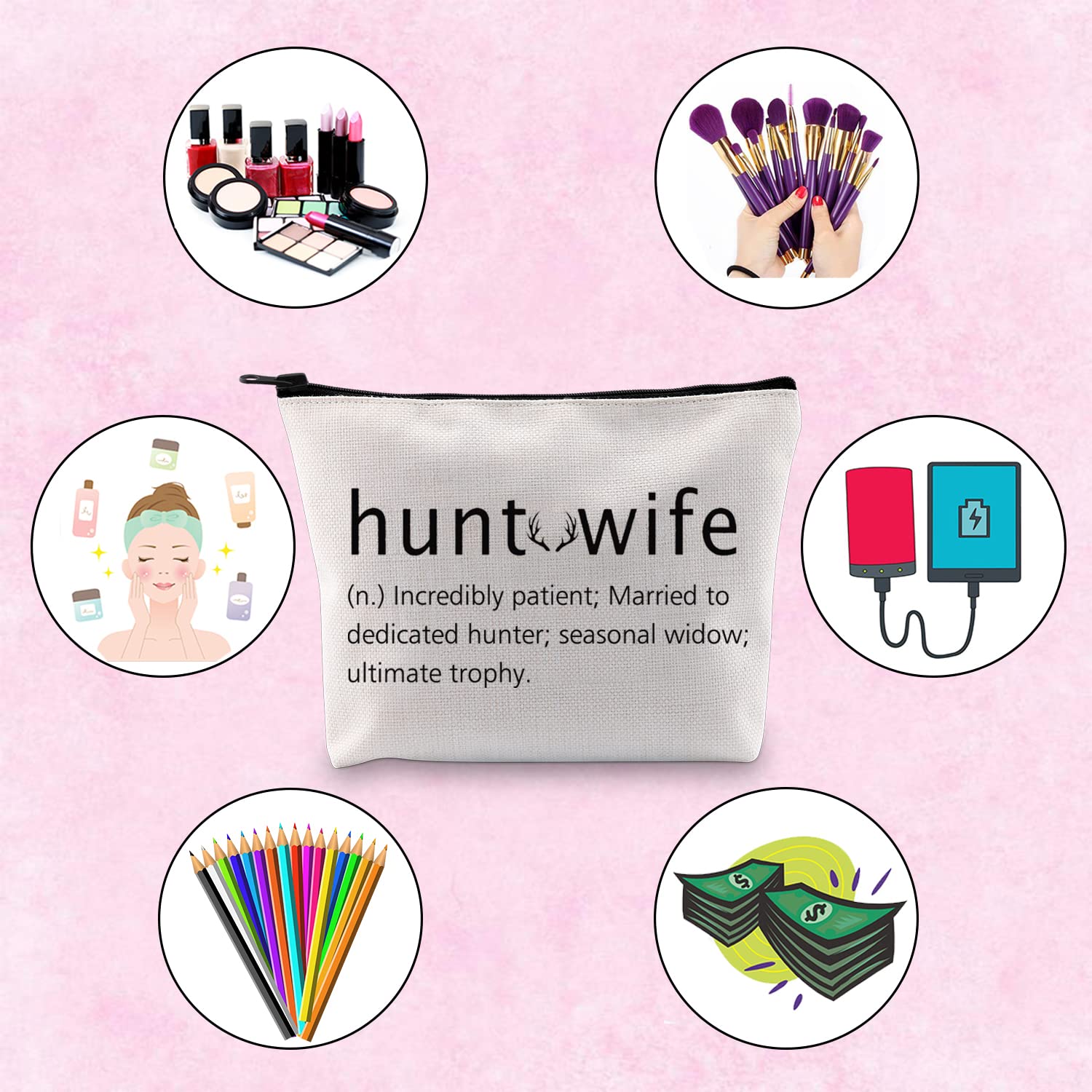 TSOTMO Hunt Wife Gift Hunting Zipper Pouch Hunting Wife Makeup Bag Hunting Season Gift for Hunter, Beige, Hunt Wife