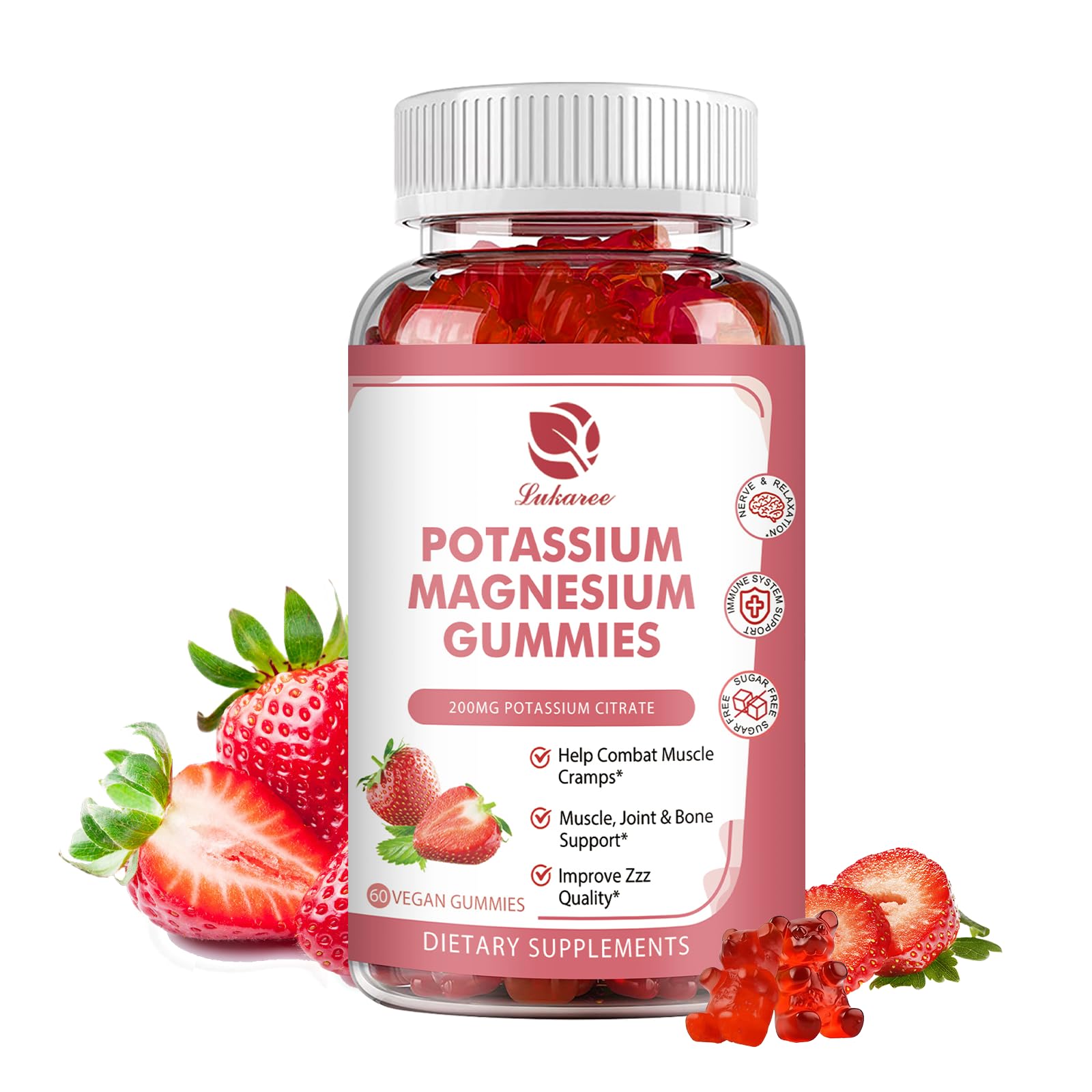 Potassium Magnesium Gummies - High Absorption Magnesium Glycinate & Potassium Citrate 200mg Plus Omega 3, B6, D3, K2 & Calcium - Chewable Gummy for Leg Cramps, Immunity & Energy - 60 Count