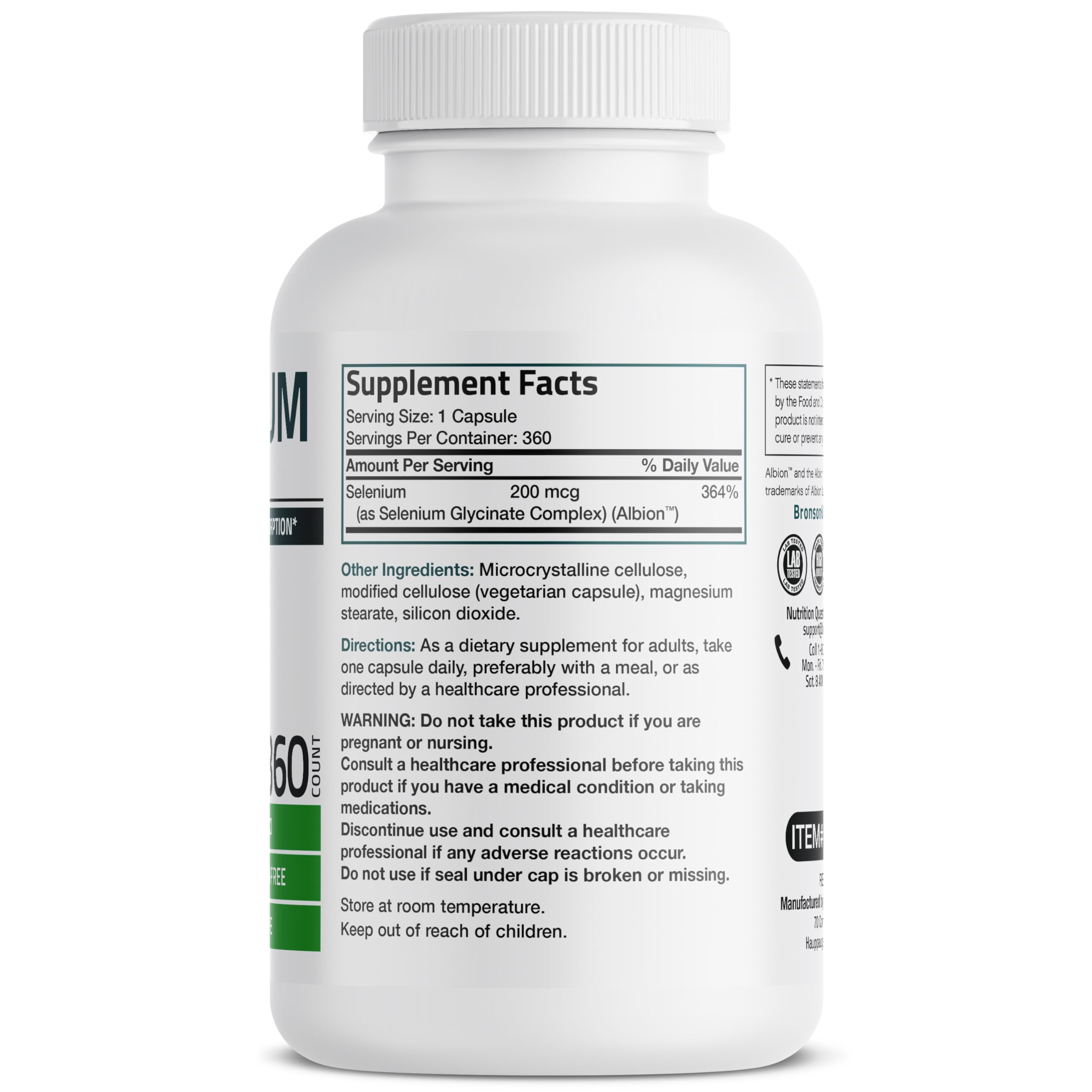 Bronson Selenium 200 mcg – Yeast Free Chelated Amino Acid Complex - Essential Trace Mineral with Superior Absorption, 360 Vegetarian Capsules