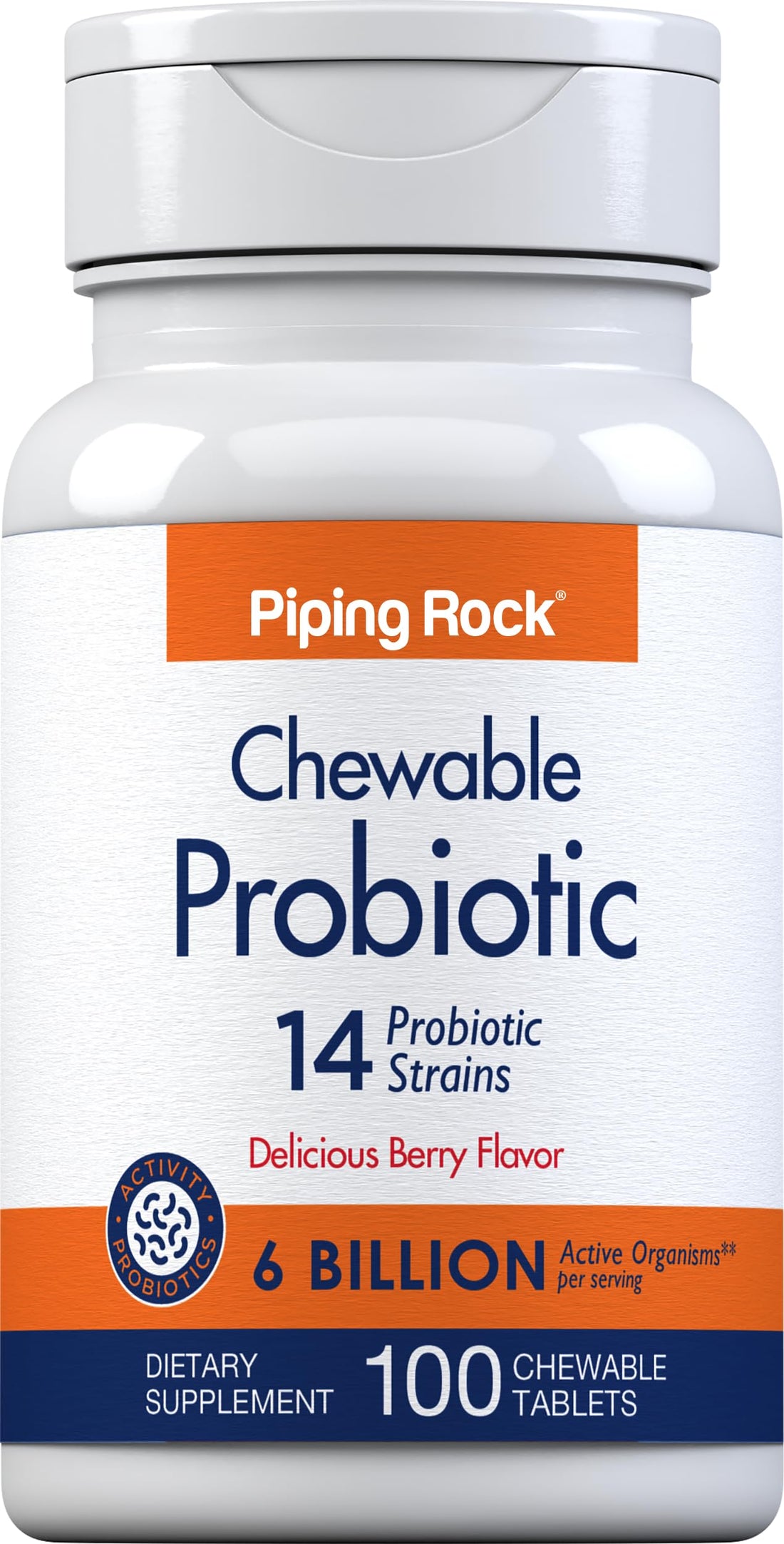 Piping Rock Probiotic Tablets for Women and Men | 17mg | 100 Chewable Pills | 14 Strains with 6 Billion CFU | Complex Supplement | Berry Flavor | Vegetarian, Non-GMO, Gluten Free