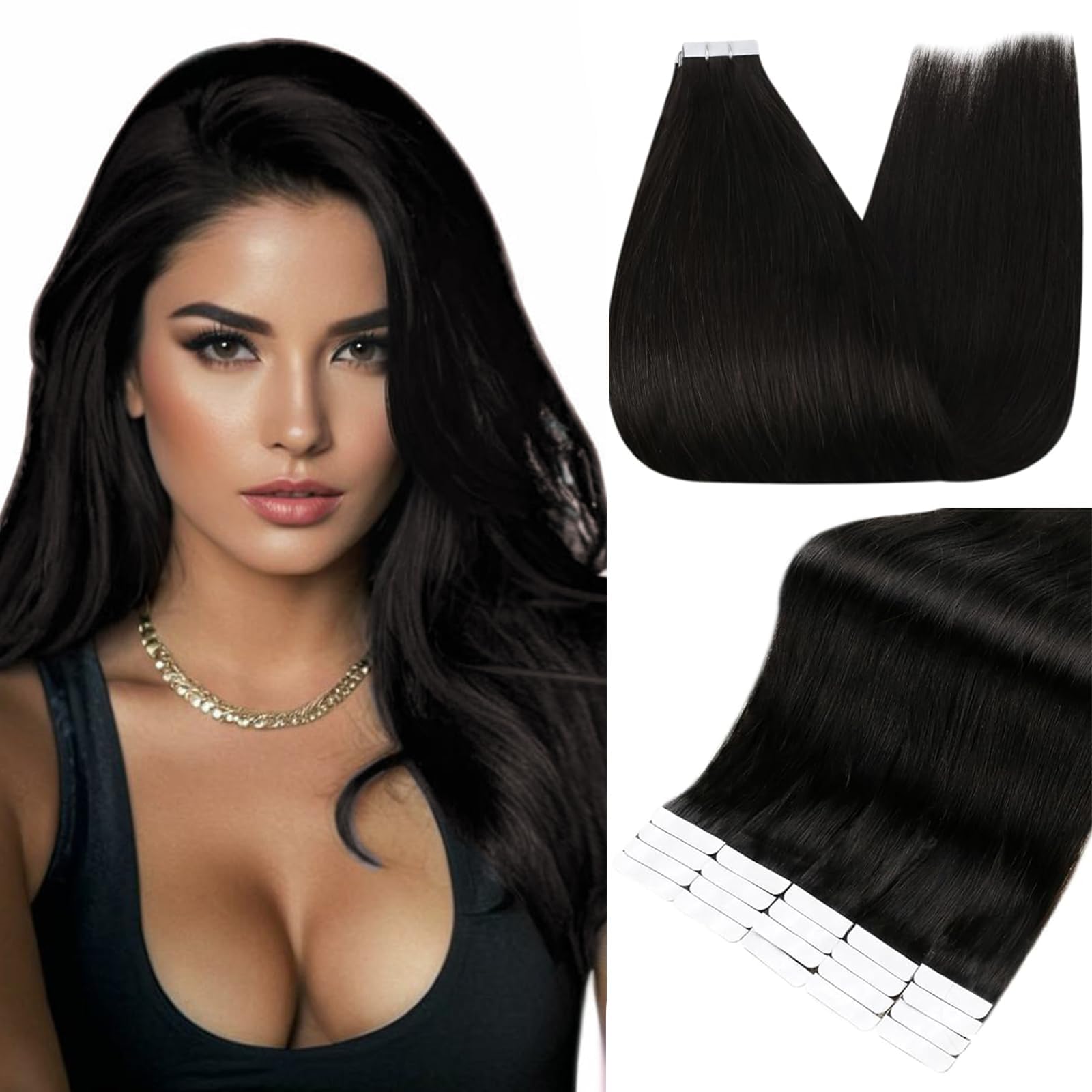 Fshine Tape in Hair Extensions 14 Inch Straight Tape in Hair Extensions Skin Weft Hair Extensions Color 1B Off Black Brazilian Hair Tape in Extensions 50 Grams 20 Pcs