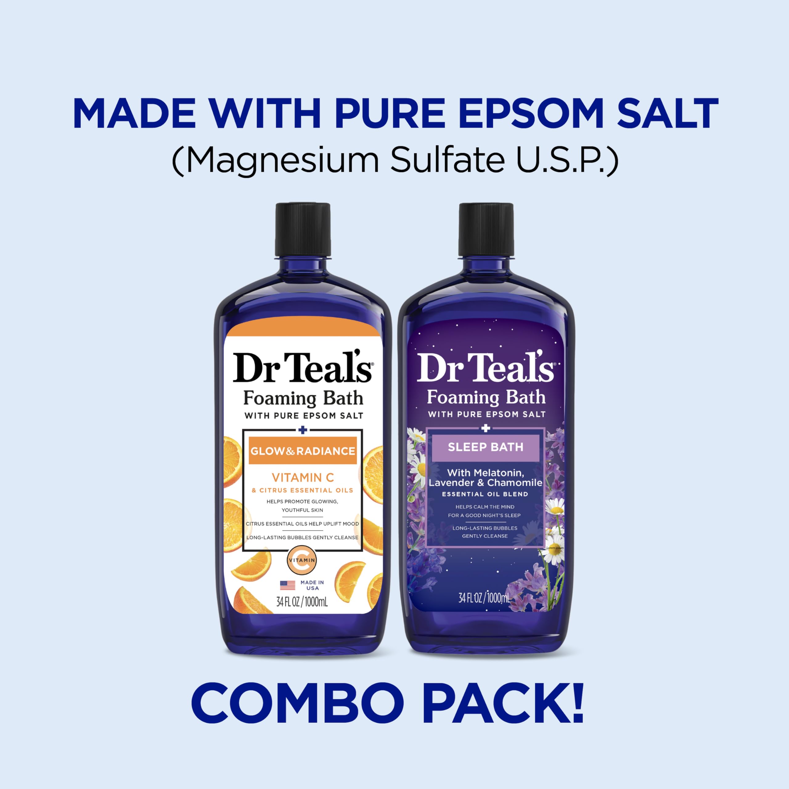 Dr Teal's Foaming Bath with Pure Epsom Salt, Vitamin C & Sleep Blend, 34 fl oz (Pack of 2)
