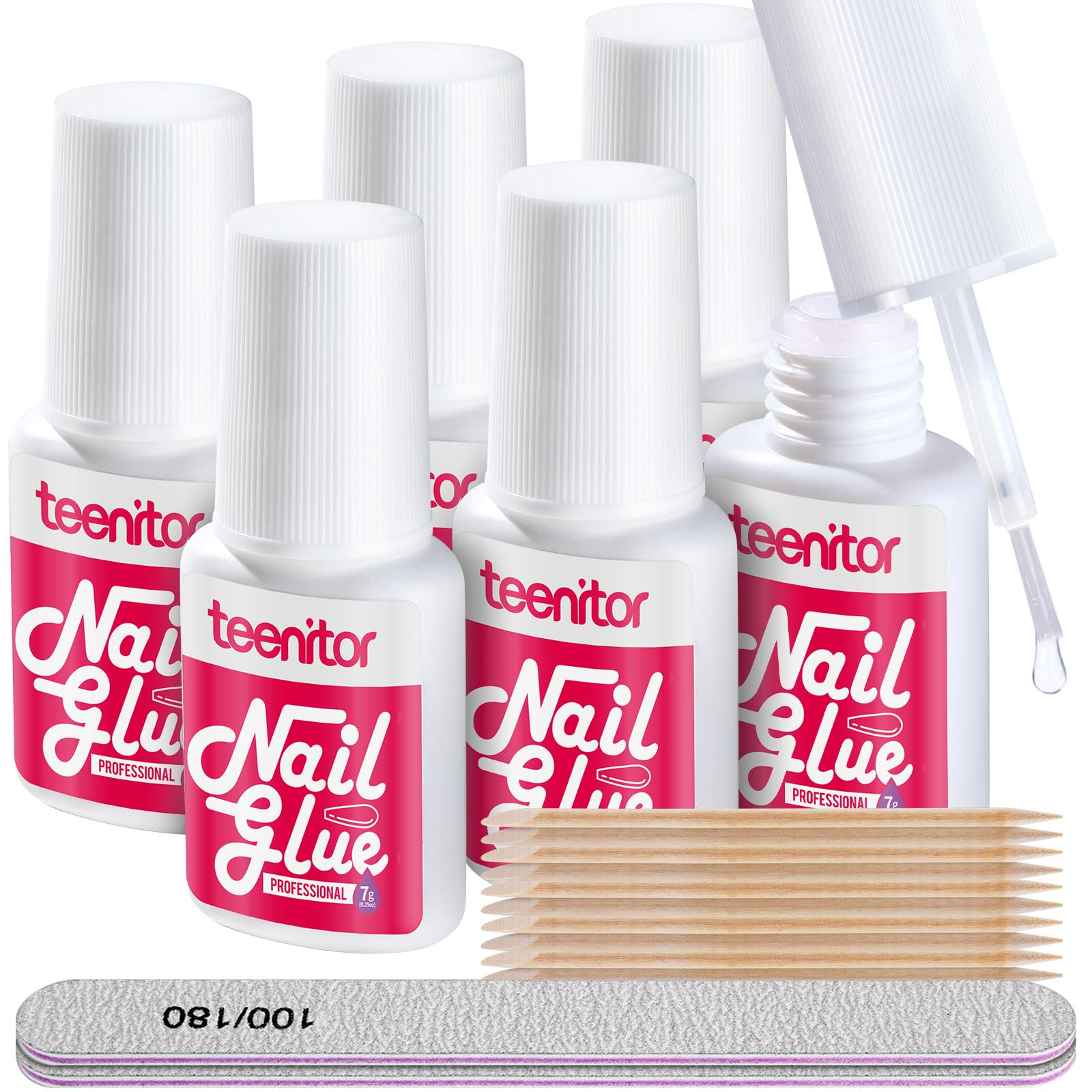 Teenitor Nail Glue Strong, 42ml Professional Nail Glue for Press Ons Brush on Nail Glue for Acrylic Nails, Nail Bond Glue with Nail File, Best Nail Glue for Press On Nails Long Lasting,10 Pcs