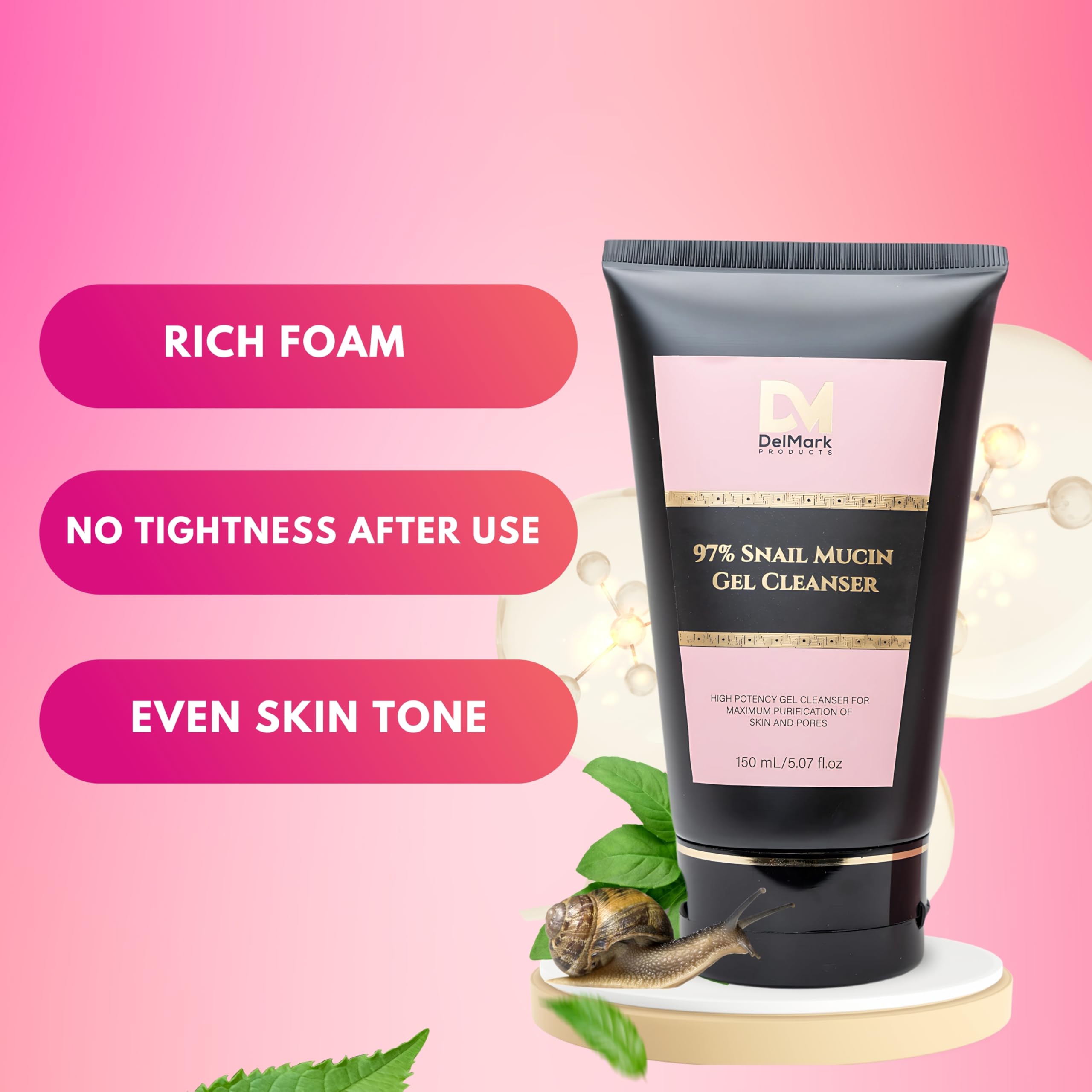 DelMark Products Snail Mucin Gel Cleanser, 5.07 Fl Oz / 150 mL, High Potency Gel Cleanser for Dry & Sensitive Skin with Mucin 97% Power - Korean Skincare