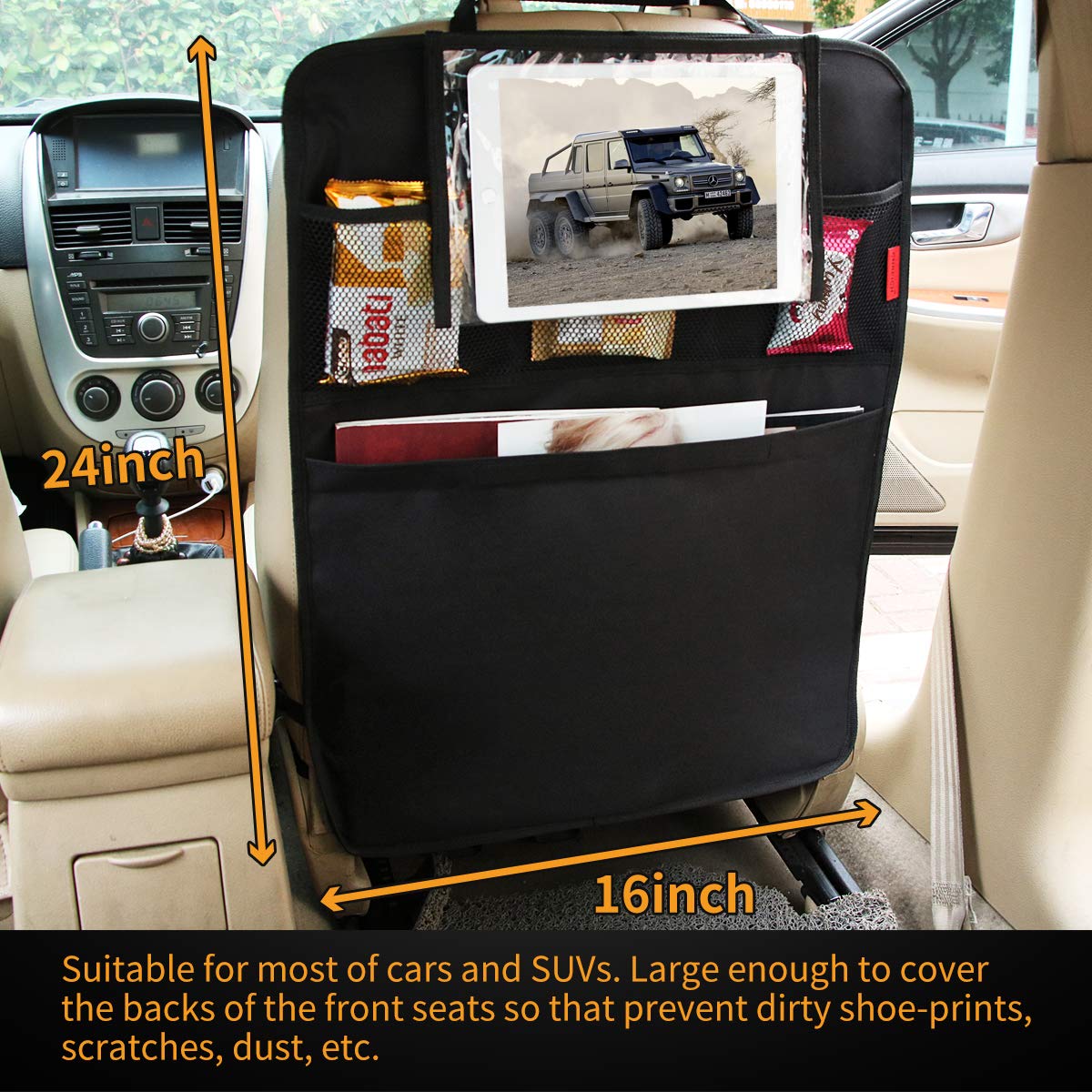 Kaiphy Car Backseat Organizer Premium Quality Car Kick Mats with 10 Tablet Holder - Extra Large Pocket- Sturdy Top 2Pack