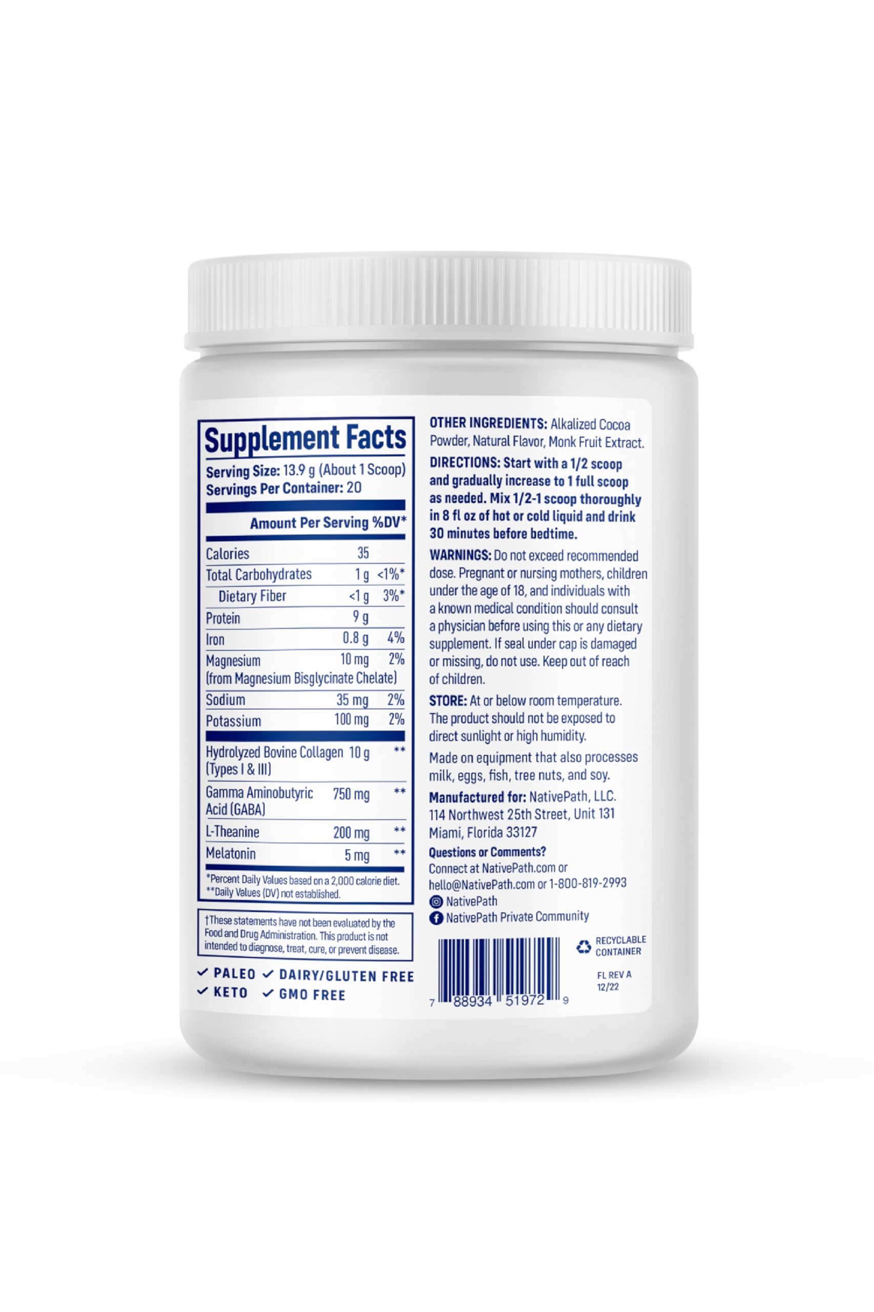 NativePath Collagen PM - Chocolate Nighttime Collagen Peptides Powder with Magnesium, GABA, L-Theanine and Melatonin - 20 Servings