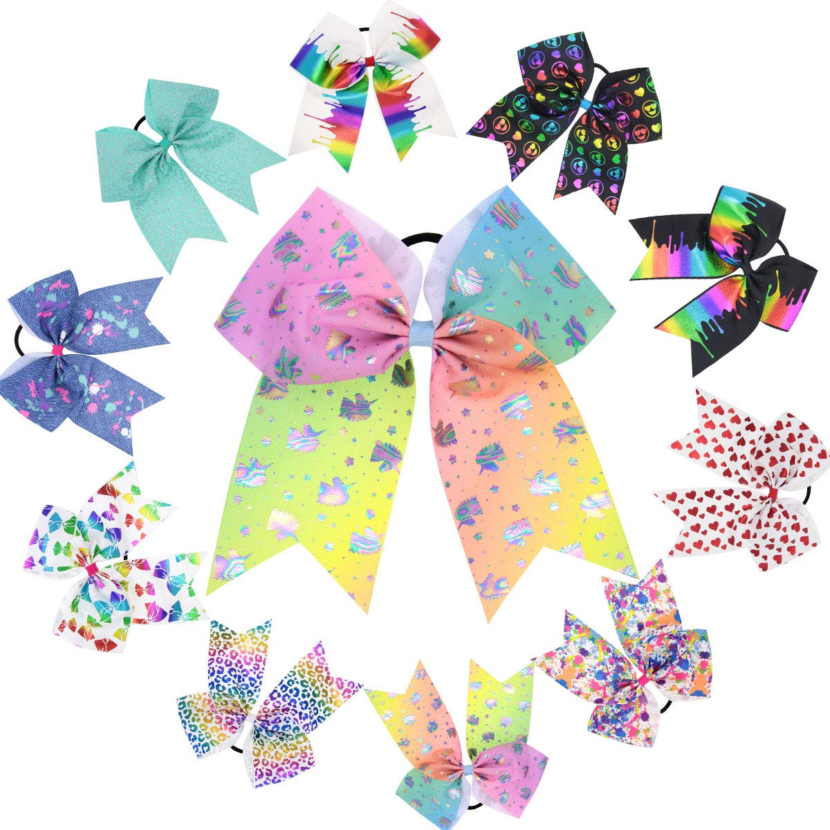 DeD 10 Pcs Elastic Bow 8 Large Hair bows Boutique Rainbow Golden-plating Grosgrain Ribbon Pigtail Holder For School Girls Teens Cheerleader