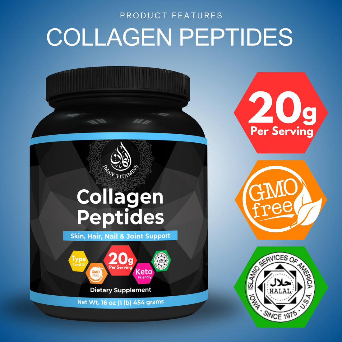 Iman Vitamins Halal Collagen Peptides Powder, 1 lb, Non-GMO, Keto Friendly, 18g Protein, Skin, Hair, Nail and Joint Support, 20 Grams of Collagen Per Serving, 16oz