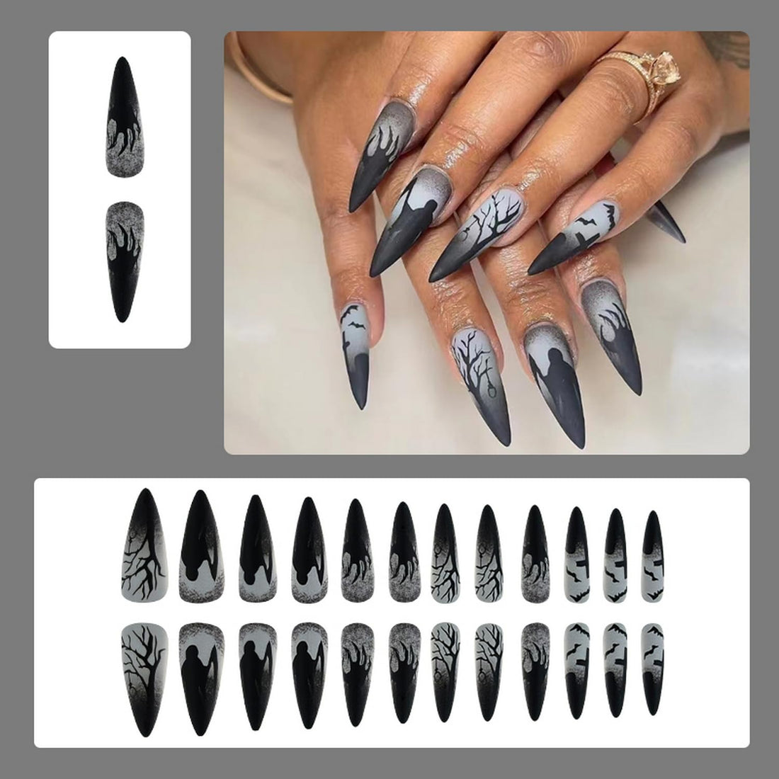 Halloween Press on Nails Almond Fake Nails with Bat Palm Tree Designs Black Grey Stick on Nails Full Cover Horror Nails for Women Girls Halloween Party Manicure