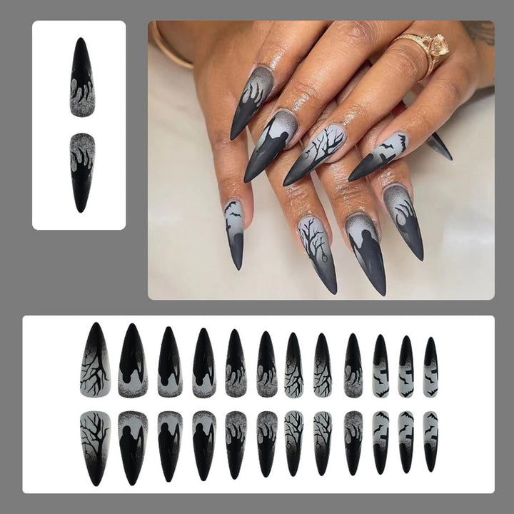 Halloween Press on Nails Almond Fake Nails with Bat Palm Tree Designs Black Grey Stick on Nails Full Cover Horror Nails for Women Girls Halloween Party Manicure