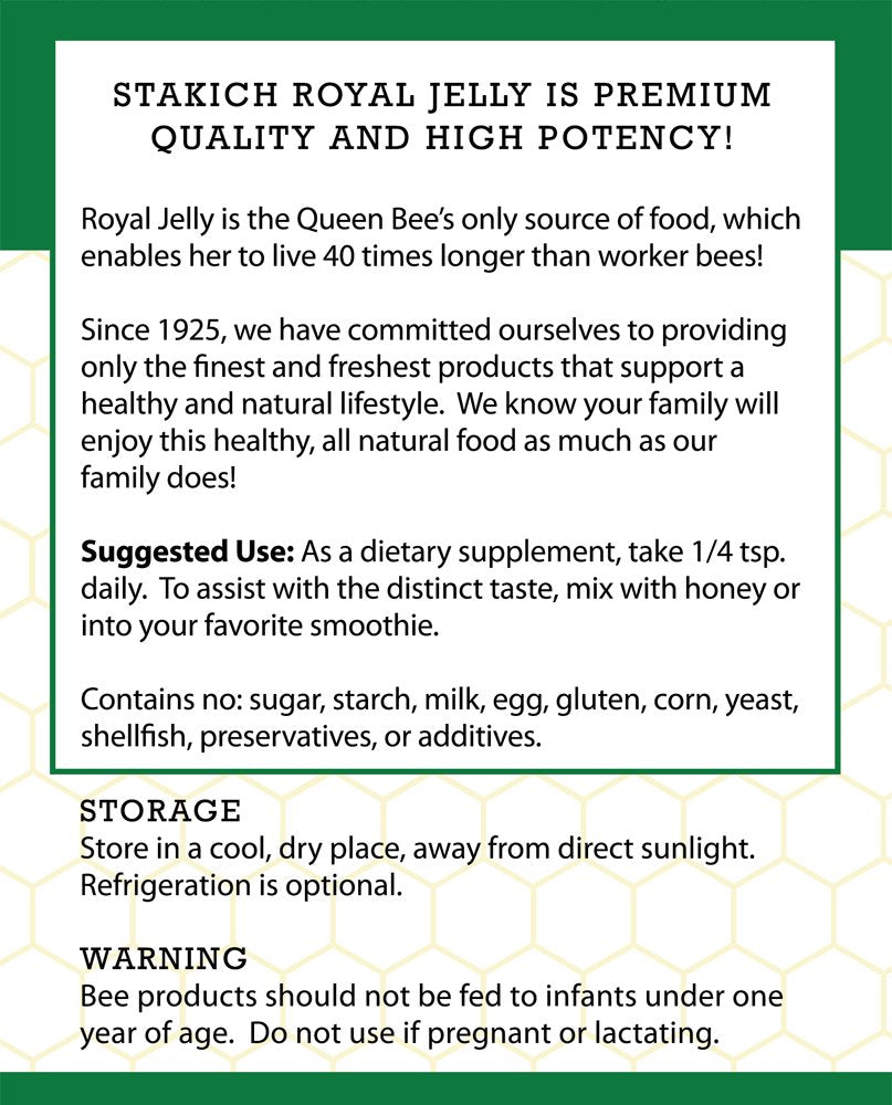 Stakich Royal Jelly Powder - 4 Ounce - 3X Concentrate - Freeze Dried, Pure, Natural