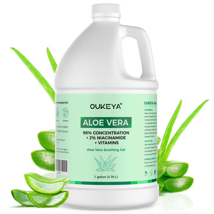 OUKEYA 1 Gallon, Aloe Vera Gel – Soothing, Hydrating, and Nourishing for Face & Body | 98% Natural Aloe Vera, Pure & Organic for After Sunburn Relief, Skincare & Hair Hydration, Calming Moisturizing
