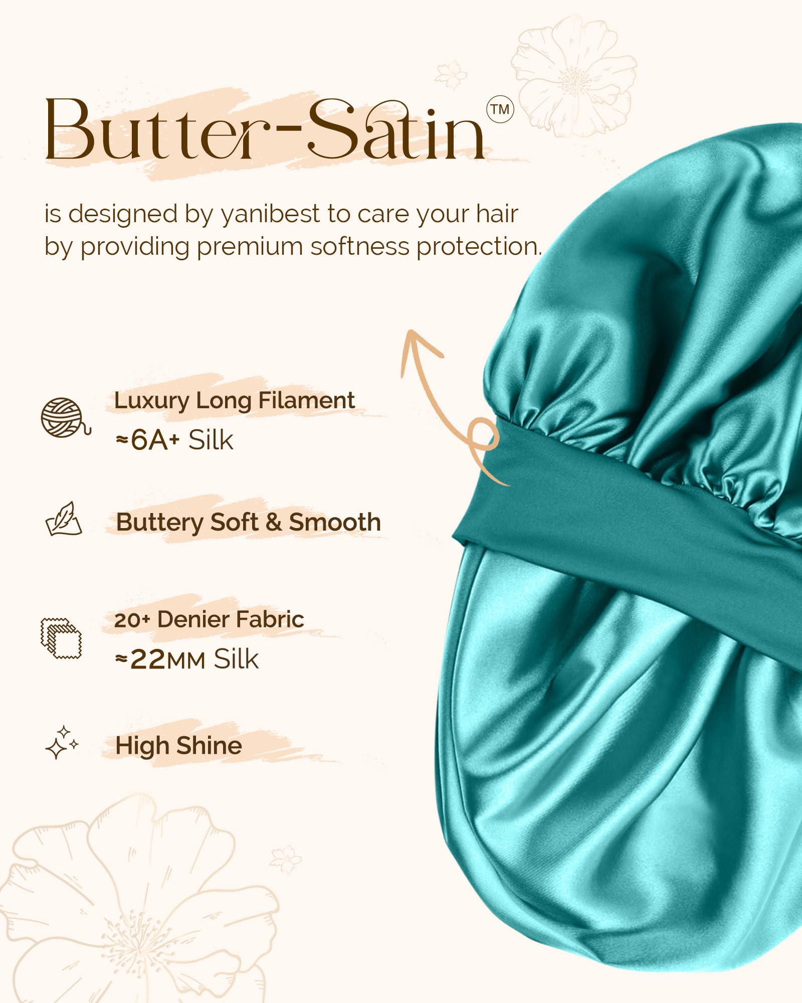 Yanibest Adjustable Satin Bonnet for Sleeping, Double Layer Silk Hair Bonnet with Tie Band for Unisex Women Men Curly Natural