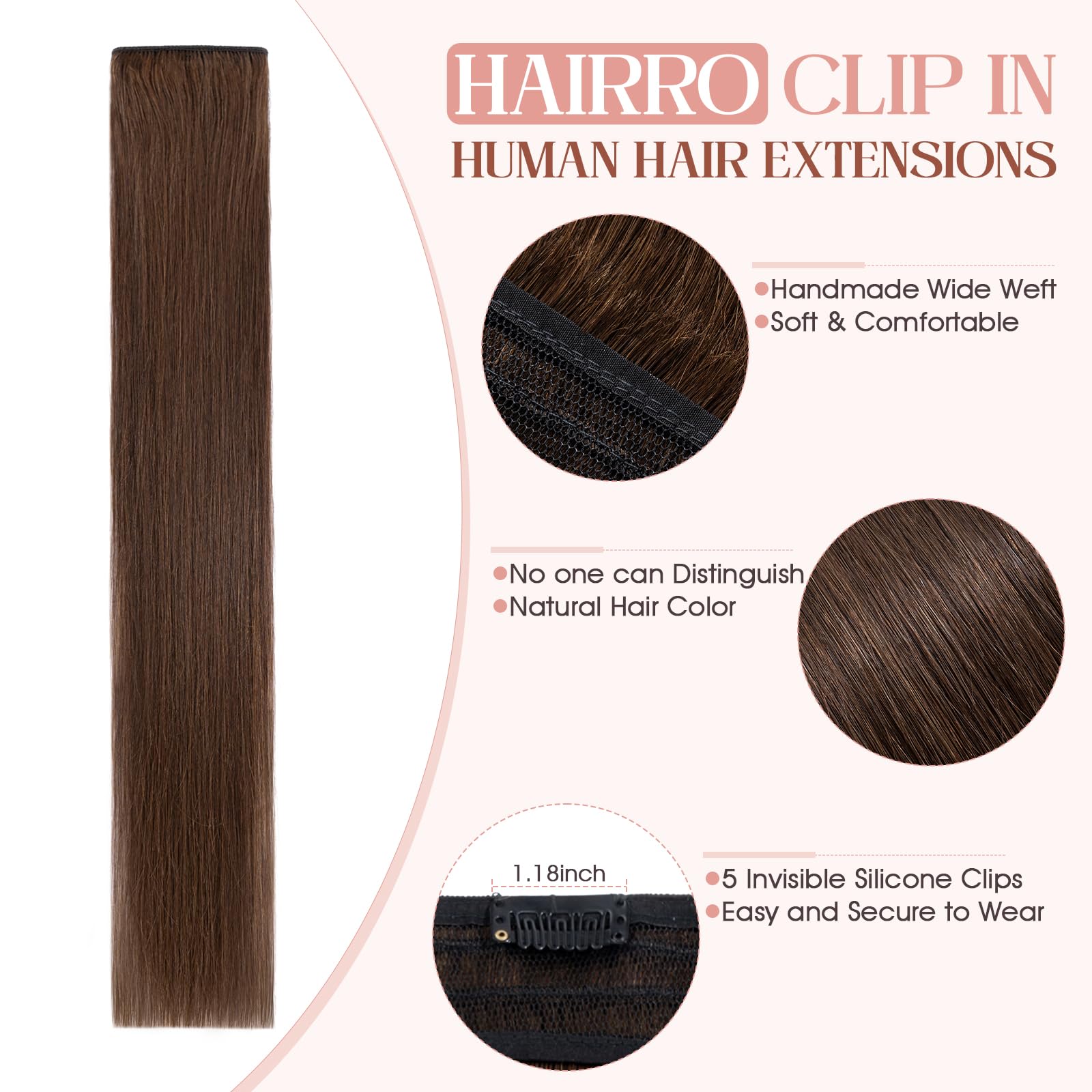 22 Inch Clip in Extensions 100% Remy Human Hair 55g One-piece 5 Clips Long Straight Hair Extensions for Women Wide Weft Soft Silky #4 Medium Brown