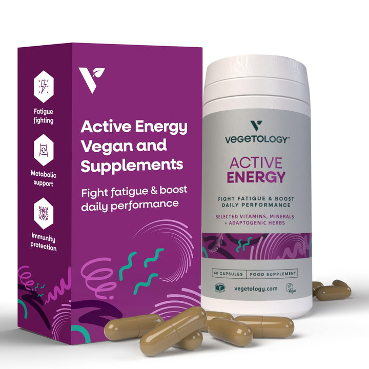 VEGETOLOGY Active Energy Supplements – Fatigue-Fighting C & B Vitamin Supplements – Vitamin Supplement w/Folate, Iron & Adaptogenic Herbs – Caffeine-Free Multivitamin Capsules (60 Counts)