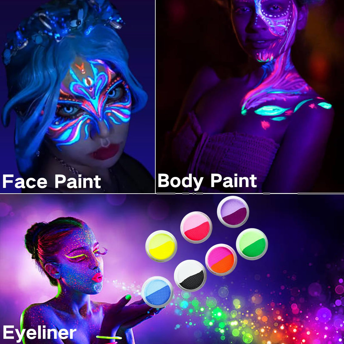 MEICOLY Water Activated Eye Liner 14 Colors,Neon UV Pride Rainbow Face Paint,7 Cakes Duo Color Water Activated Eyeliner,Halloween Hydra Liner,Matte Graphic Eyeliner,Glow Blacklight Body Paint