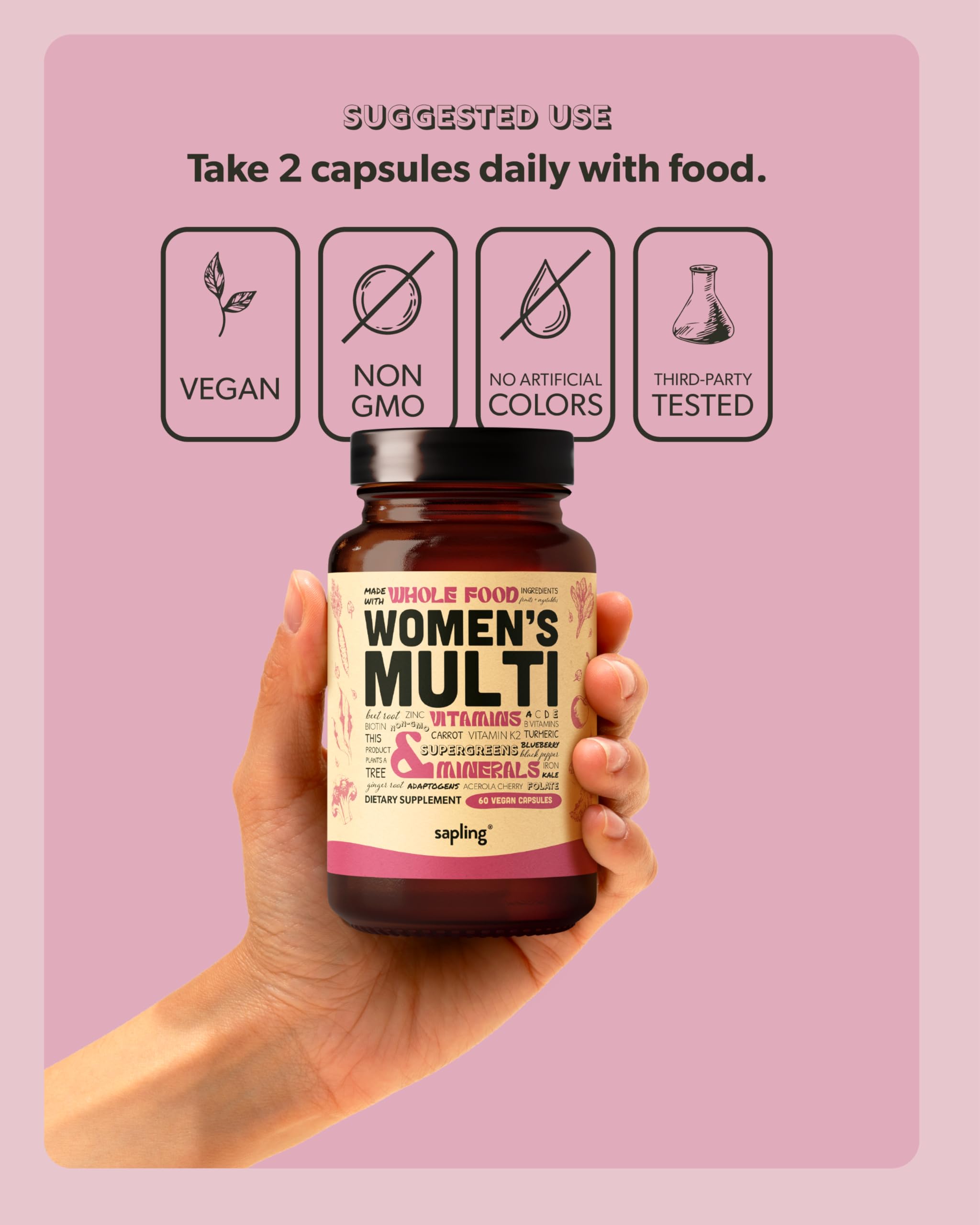Multivitamin for Women - Daily Women’s Multivitamin - Methylated B Complex with Whole Food Ingredients, Vitamin B12, Folate, A, C, D3, E, K2, Organic Fruits & Vegetables - Vegan, Non-GMO - 60 Caps