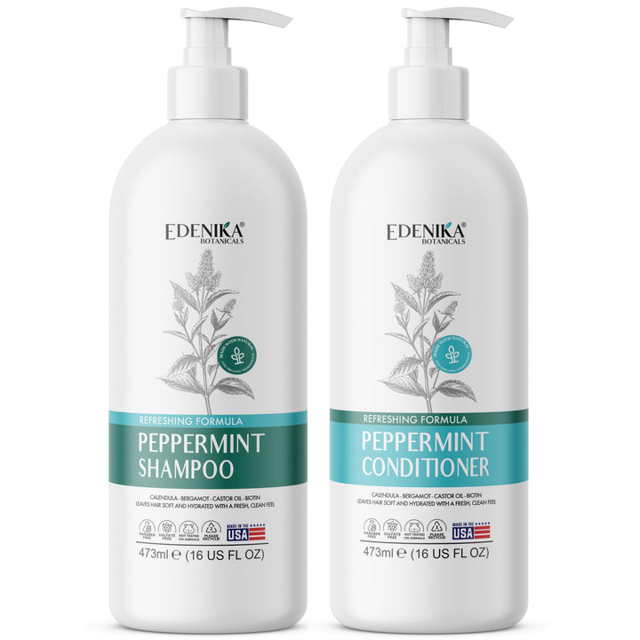 Edenika Botanicals Peppermint Shampoo & Conditioner Set 16oz - Refreshing, Sulfate-Free - Hydrates, Detangles, and Invigorates Scalp - For All Hair Types Including Oily Hair