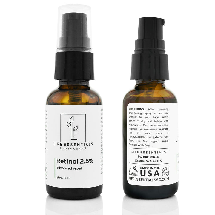 Life Essentials Skin Care Retinol Serum 2.5% for Wrinkles, Fine Lines, Acne Scars, Skin Blemishes & Minimizes Pores -.