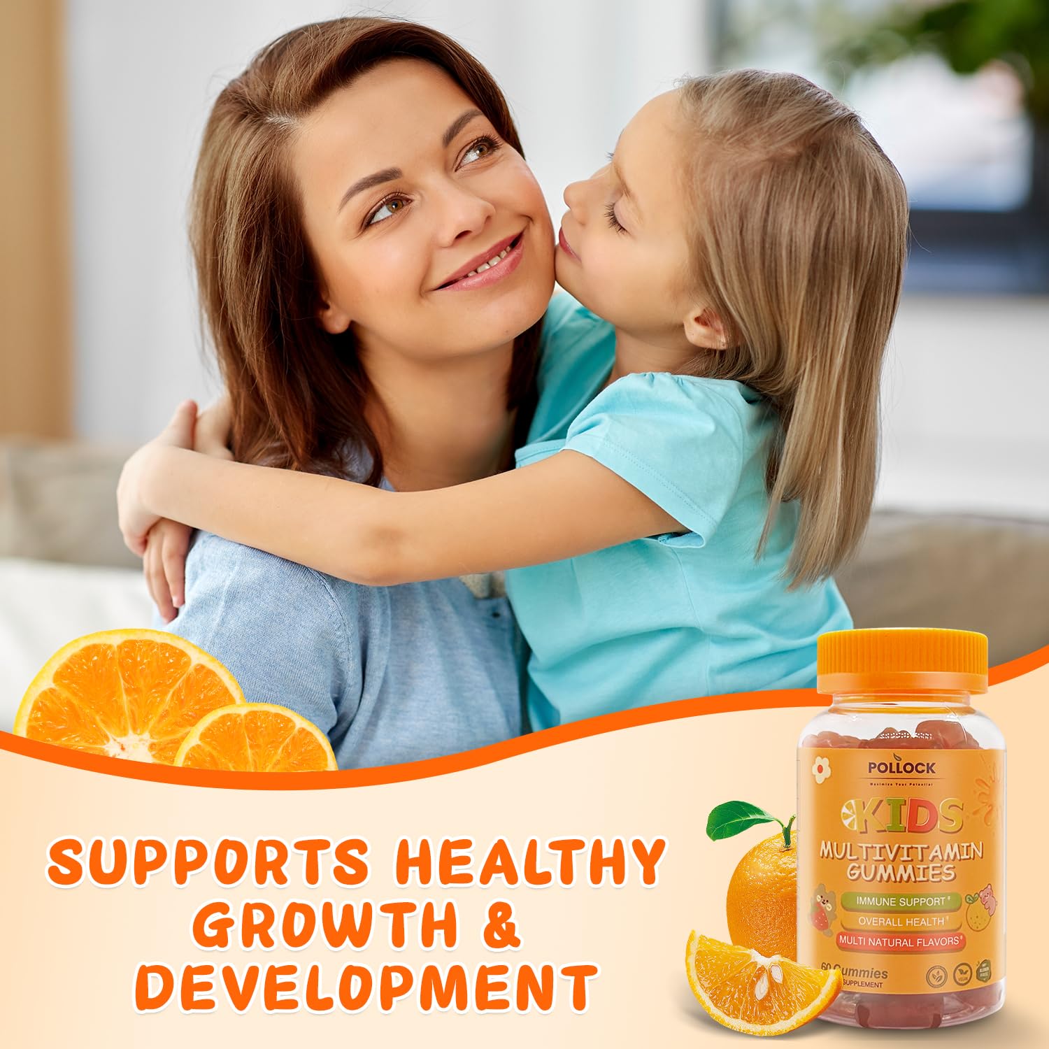 POLLOCK Bear Kids Omega-3 & Multivitamin Gummies, with Vitamin A, B5, B6, B12, C, D3, and E, Immune Support & Bone Health, Mixed Fruit Flavor, 4 Gummies per Serving, 60 Count