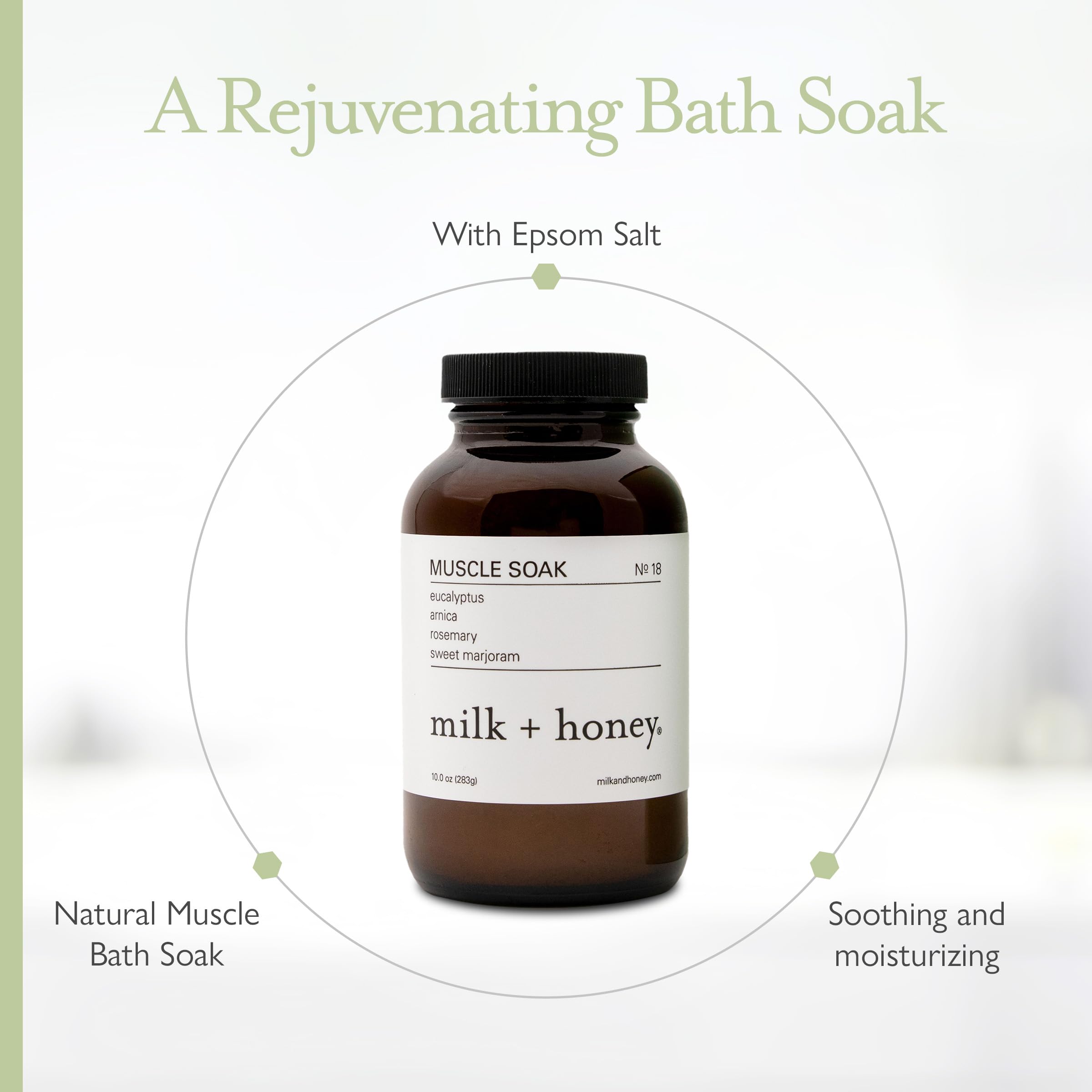 milk + honey Muscle and Bath Soak No. 18, Eucalyptus, Arnica, Rosemary & Sweet Marjoram, 10 oz.