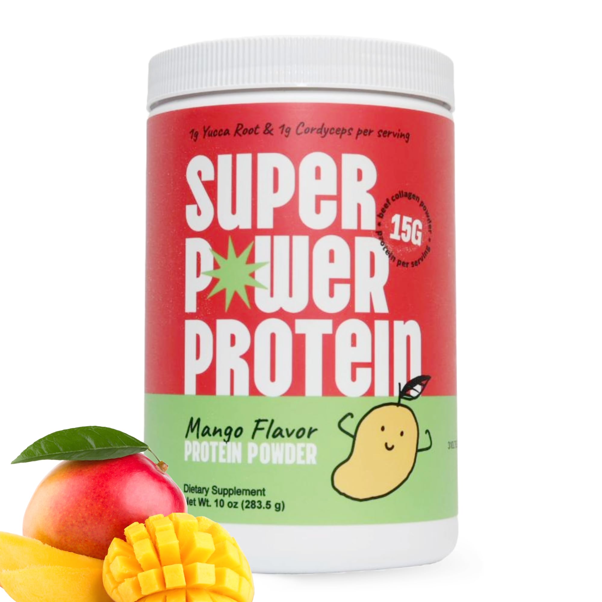 SUPER POWER PROTEIN - Hydrolyzed Beef Collagen Peptides Powder with Cordyceps & Yucca Root - Supports Muscle Recovery, Gut & Joint Health - Mango Flavor Protein Powder, 10oz
