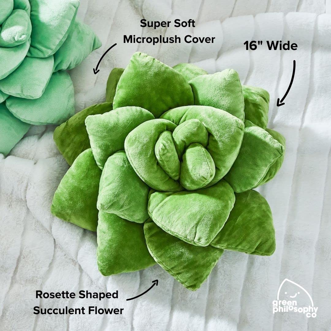 Green Philosophy Co. Succulent® Pillow 16 – Soft 3D Decorative Flower Throw Pillow, Unique Olive Green Plush Flower Cushion, Perfect for Couch, Sofa, Bedroom Decor, Gift for Plant Lovers