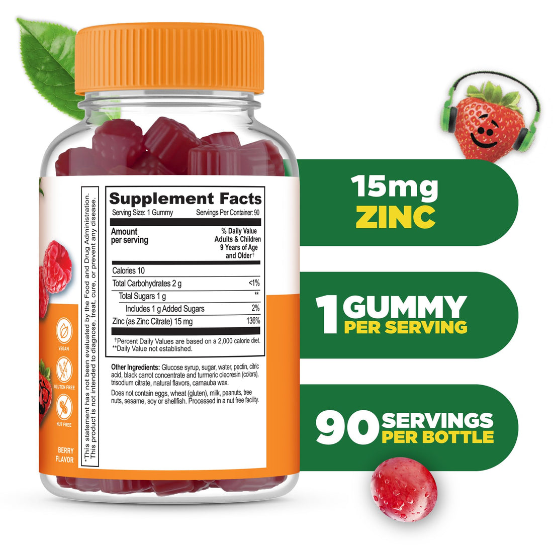 Lifeable Zinc Gummies for Kids |15mg | Great Tasting Kids Zinc Supplements | GMO Free Vegetarian Zinc Vitamins | for Healthy Skin and Immune Support for Kids and Children | 90 Gummies