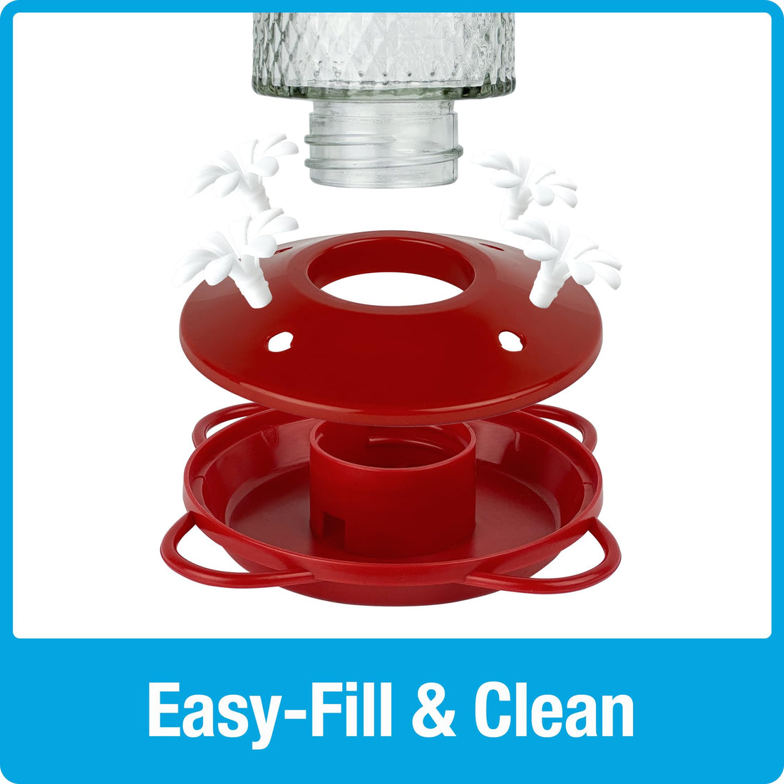 Nature's Way Hanging Glass Hummingbird Feeder for Outdoor Décor, 13 Ounce Capacity Nectar Feeder, Ant Moat, 4 Easy to Clean Flexible Ports, Red