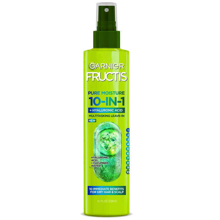 Garnier Fructis Pure Moisture 10-in-1 Spray for Dry Hair and Scalp, Hyaluronic Acid, 8.1 Fl Oz, 1 Count (Packaging May Vary)