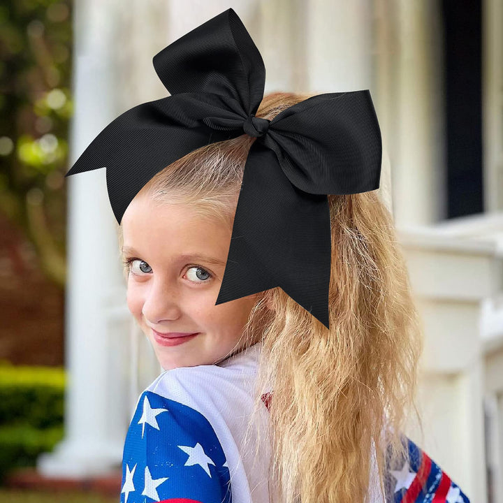 Aileam 12-Black: 12 Pcs Large Cheer Bows 8 Bulk Hair Bow Accessories With Ponytail Holder For Girls High School College Cheerleading