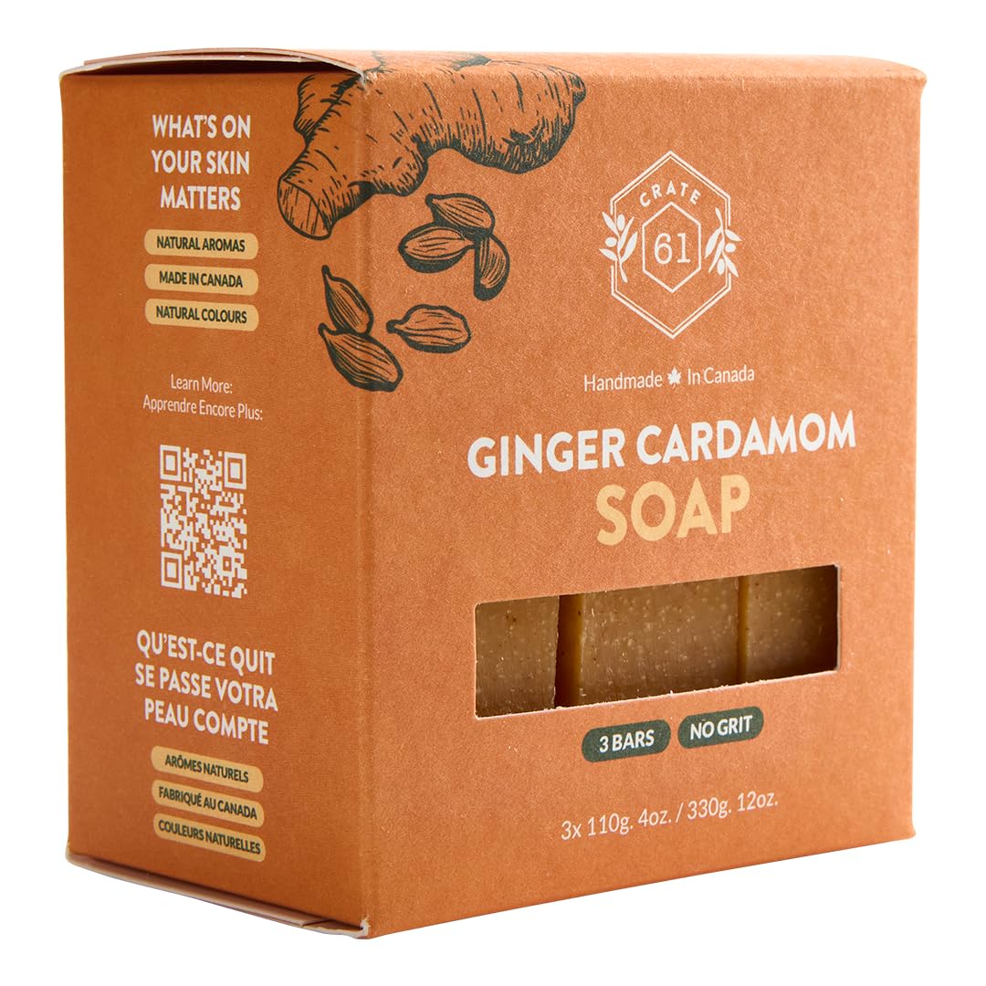 Crate 61 Organics, Handmade in Canada, Plant Based Natural Bar Soap Cold Pressed For Face & Body, w/Premium Essential Oils, For Men & Women 3 Pack (Ginger Cardamom)
