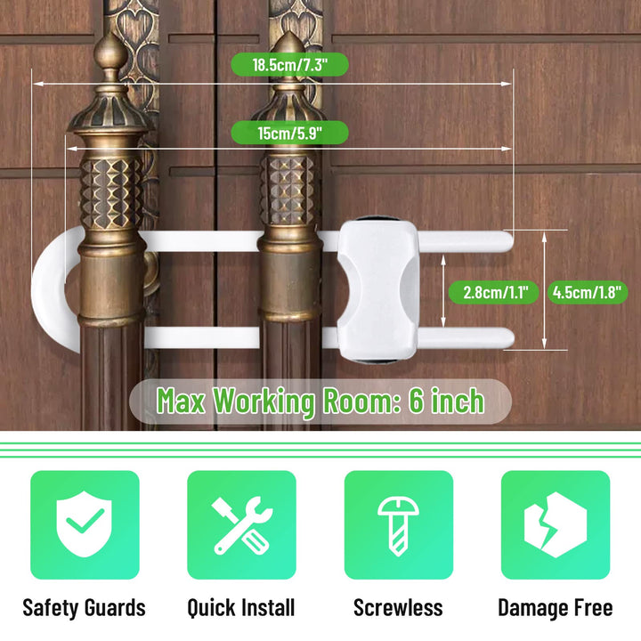 6 Packs Sliding Cabinet Locks, Modacraft Baby Proofing U-Shaped Child Safety Latches Adjustable White Locks for Handles Knobs Drawers Closet Cupboard