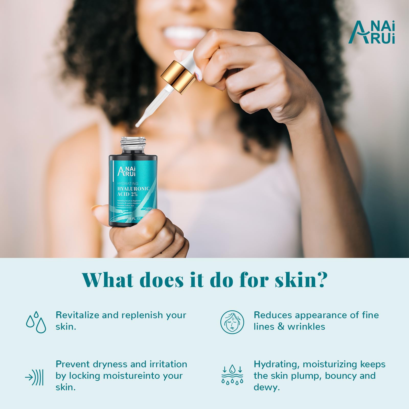 ANAI RUI Hyaluronic Acid Serum for Skin 2% with Vitamin B5, C& E - Intense Hydration + Moisturizer, Plumps & Increase Firmness, Non-greasy, Paraben-free - 1. Fl Oz