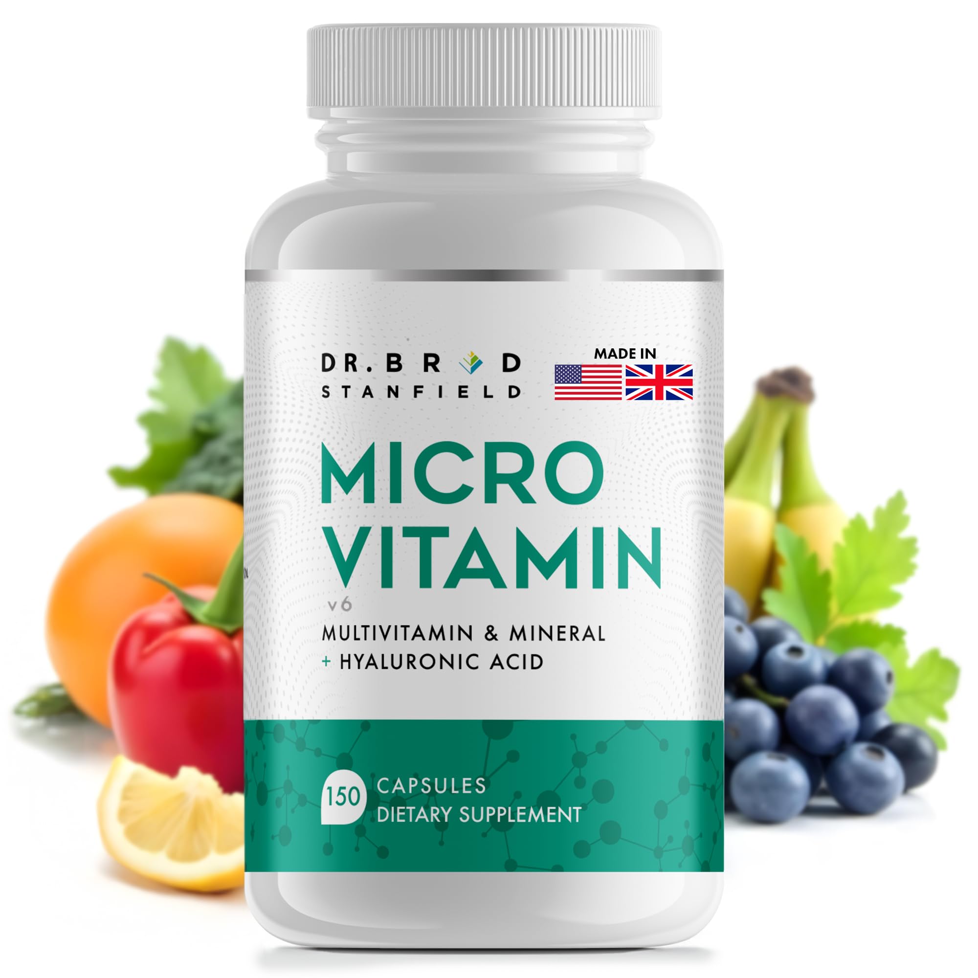 Dr Brad Stanfield Daily Low Dose MultiVitamin & Mineral for Men & Women to Support Cognitive Performance & Memory + Hyaluronic Acid for Skin Health + TMG for Exercise (150 Count)