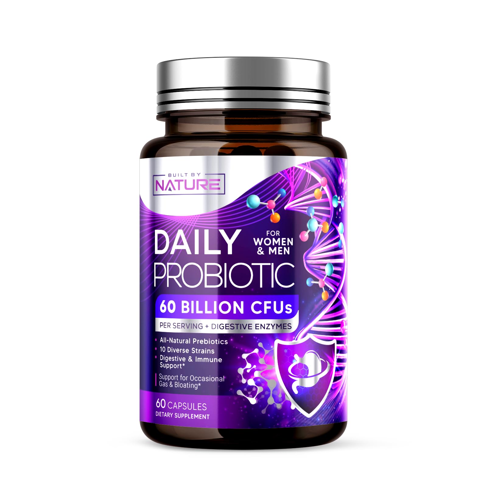 Built by Nature Probiotic for Women & Men – 60 Billion CFU, 10 Strains + Prebiotics & Digestive Enzymes – Supports Digestive, Immune, Reduce Gas & Bloating – Shelf Stable, Non-GMO - 60 Capsules