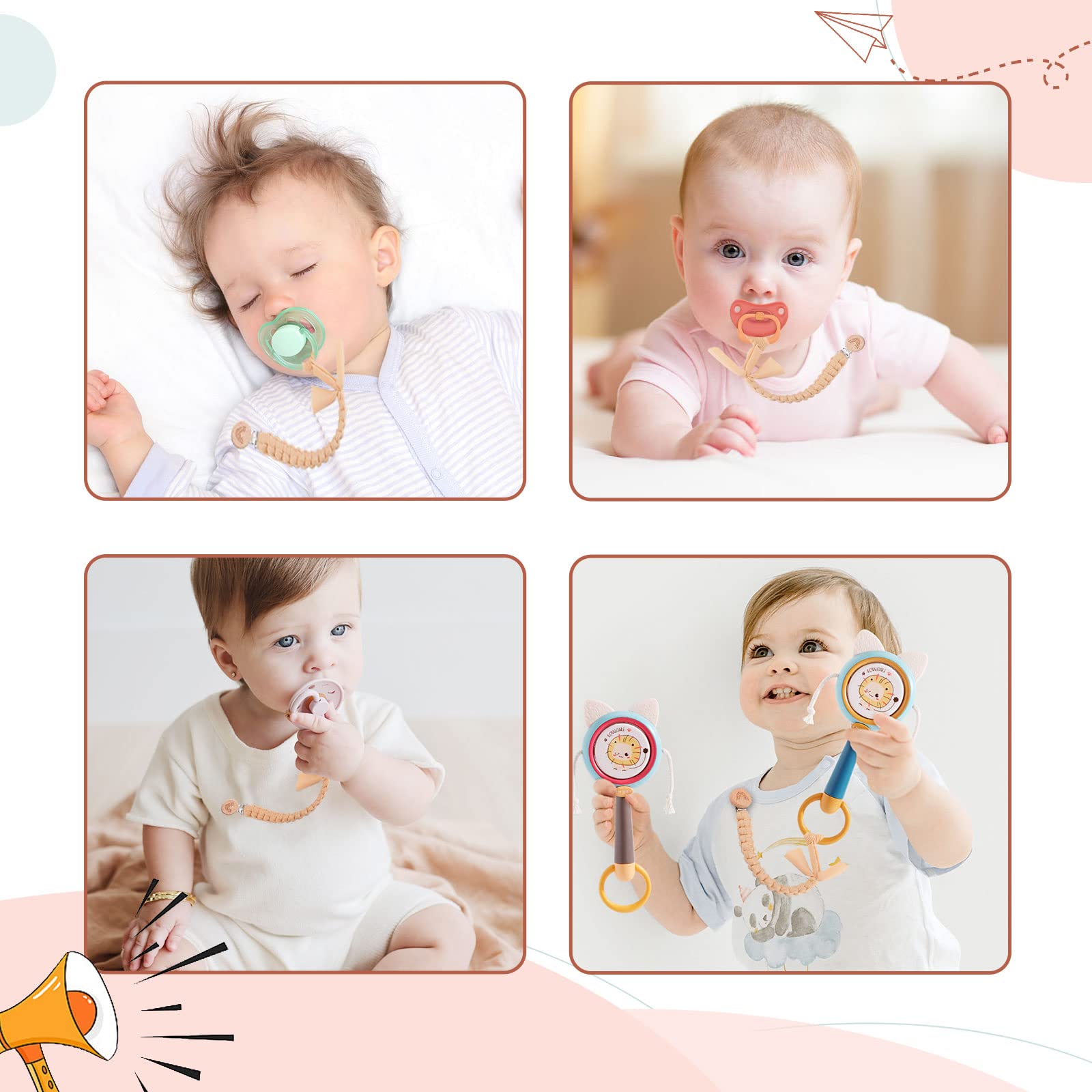 Symbolife Pacifier Clip for Boys Girls Pacifier Holder Leash Boho Rainbow Wooden Clips Handmade Braided Cotton Unisex Baby Shower Birthday Gift Christmas Gift