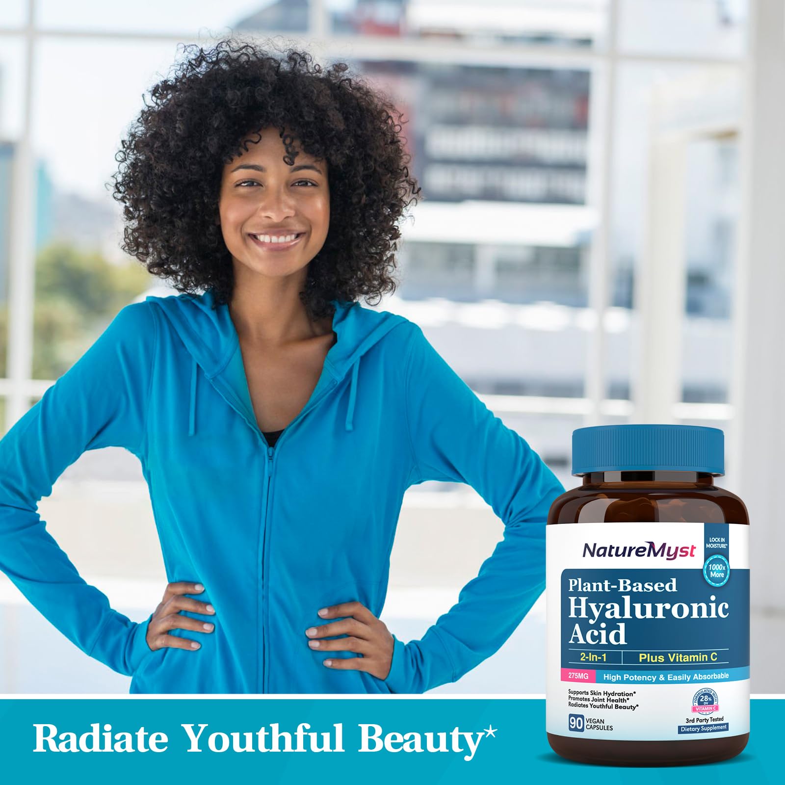 NatureMyst Hyaluronic Acid Supplement, with Vitamin C, 250mg Plant-Based HA, 90 Vegan Caps, for Joints, Skin & Eyes, Collagen Production, Easily Absorbable