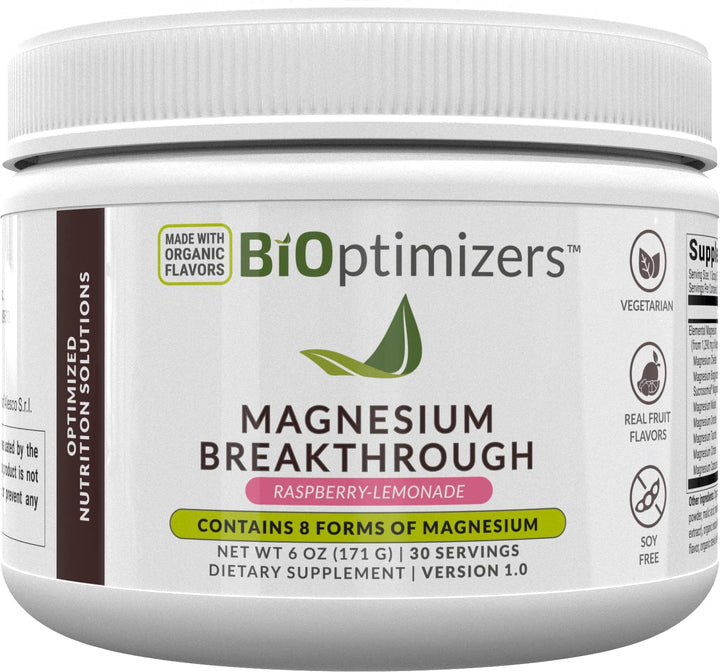 BiOptimizers Magnesium Breakthrough Drink Raspberry Lemonade - 8 Forms of Magnesium: Glycinate, Malate, Citrate, and More - Natural Sleep and Brain Supplement – 6 oz (30 Servings)