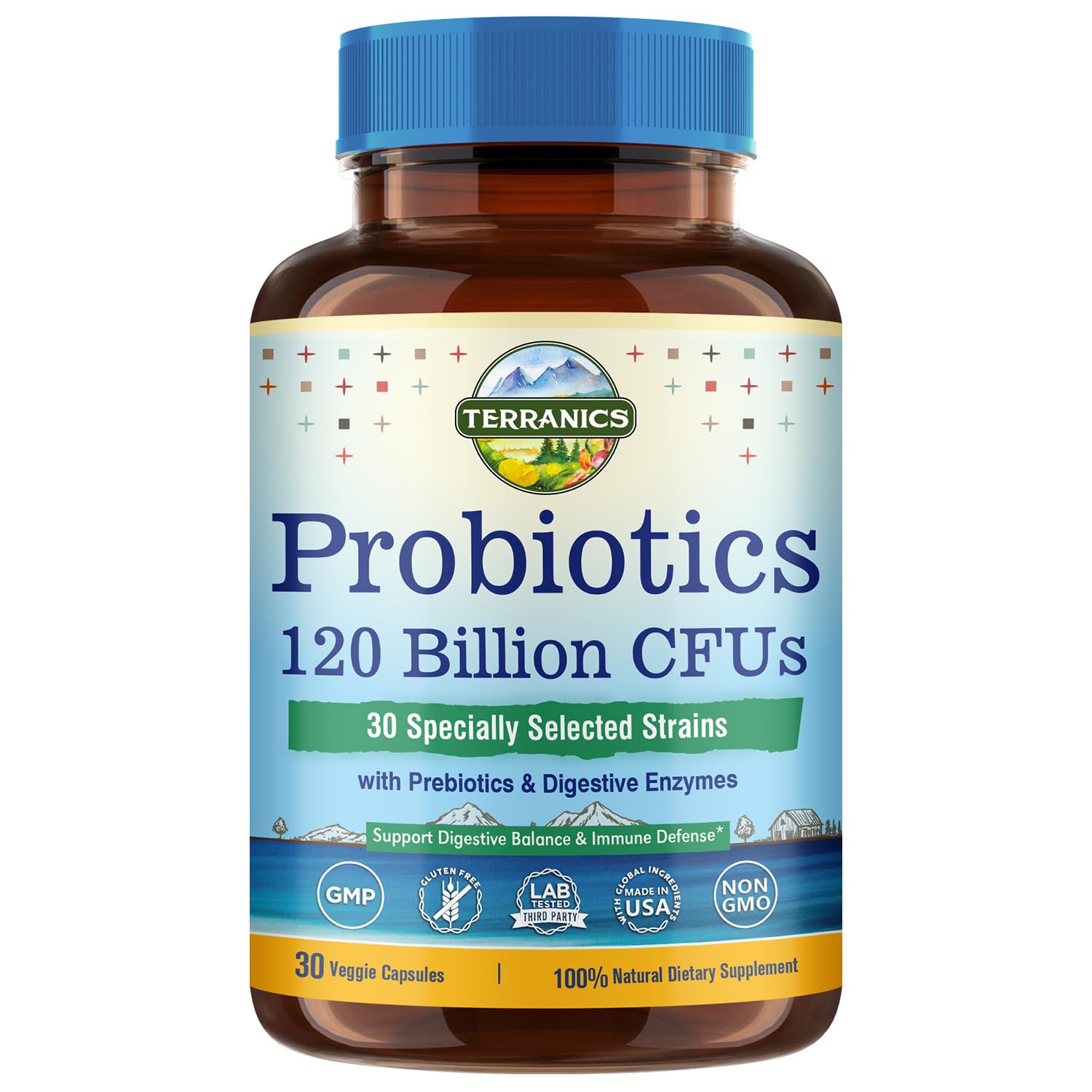 Terranics Probiotics 120 Billion with Prebiotics & Digestive Enzymes, 30 Tested Strains, Complete Digestion & Immune Support, Non-GMO, NO Soy, Dairy & Gluten, for Men and Women, 30 Veggie Capsules