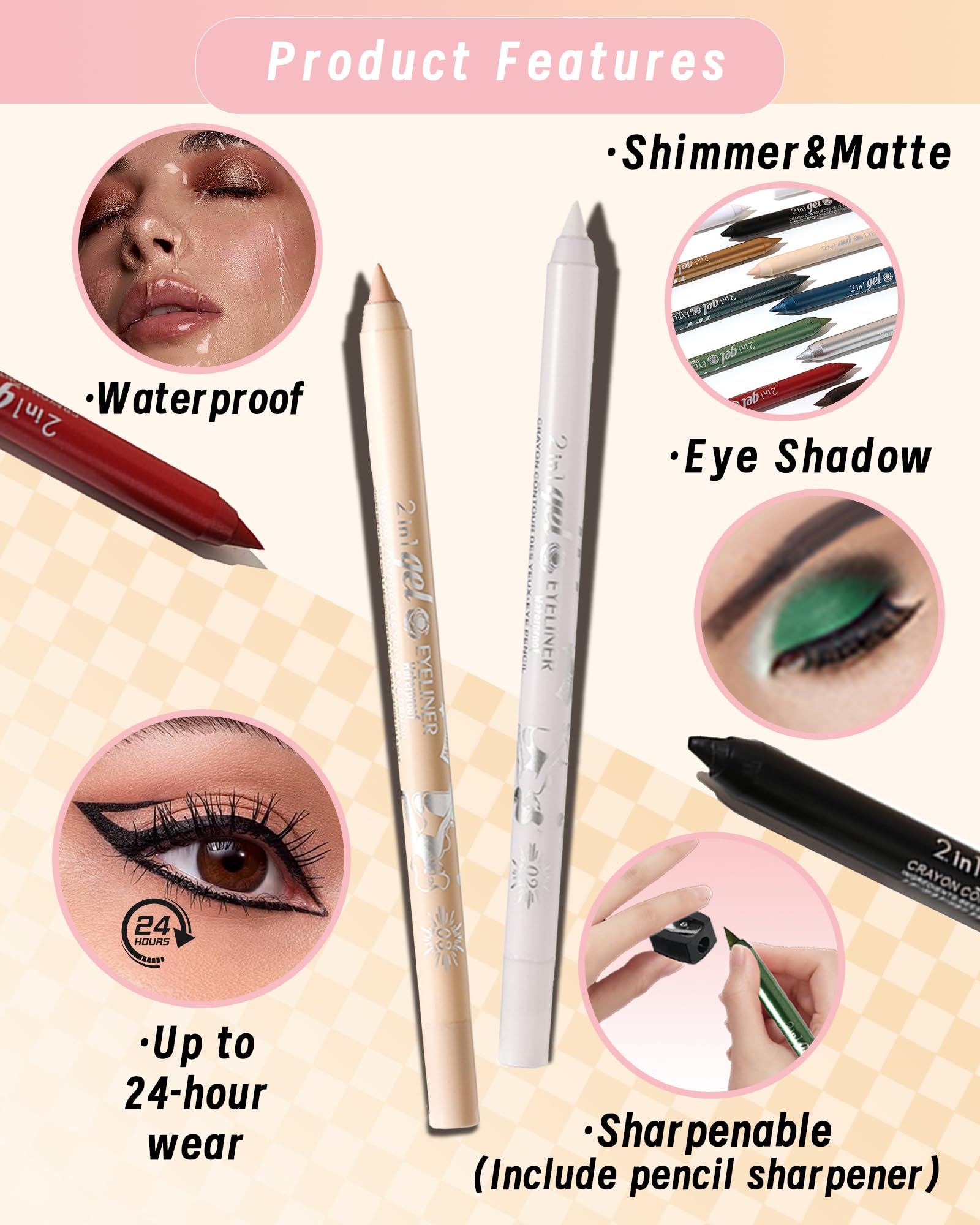 Nude Gel Eyeliner Pencil Set-2Pcs Multi-Use Gel Eye Liner waterline Pen,Long Lasting Waterproof Smudge-proof Water Line Pencil, Professional Eye Makeup Kit for Older Women with Pencil Sharpener-03
