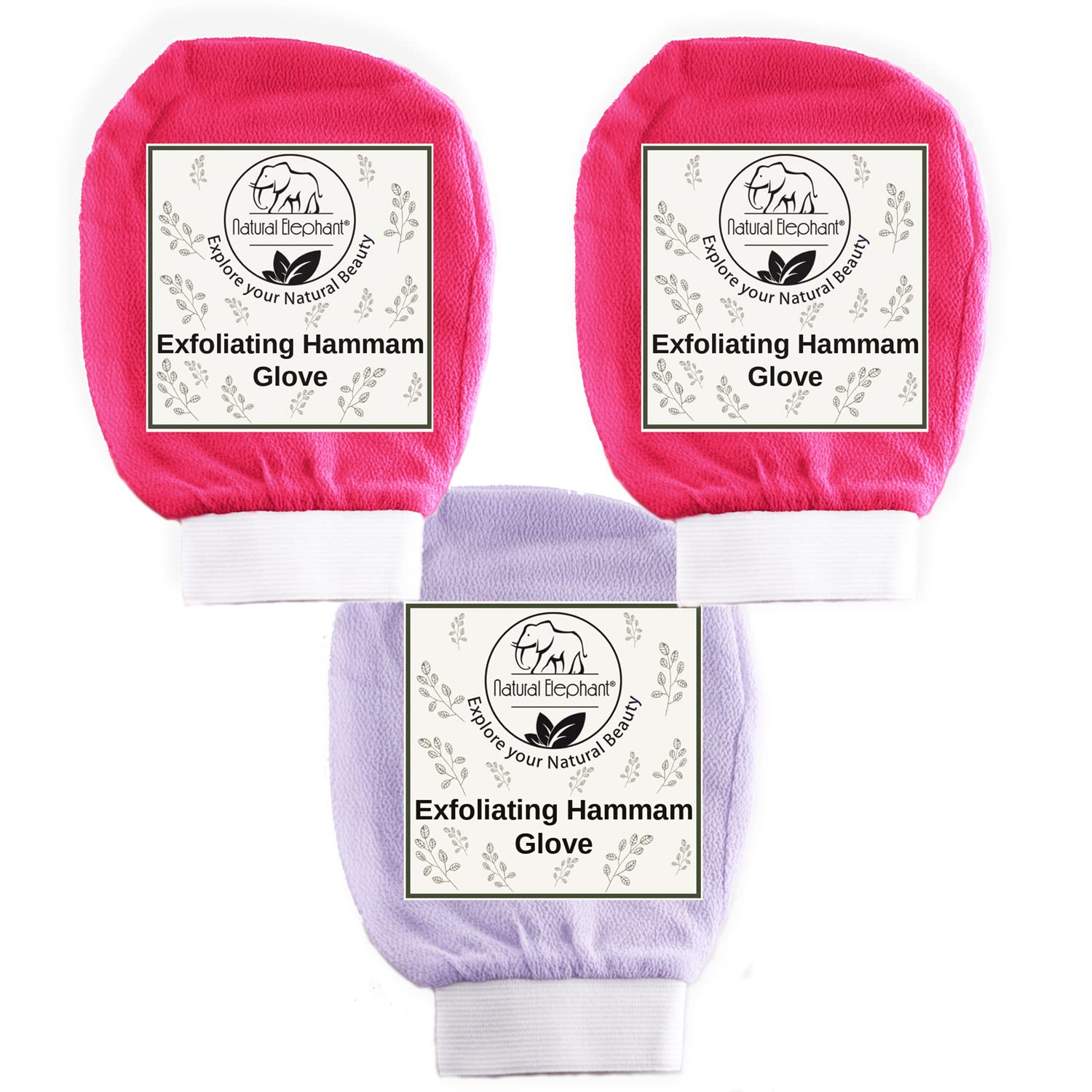 Natural Elephant Exfoliating Hammam Glove (2 Pink and 1 Purple (Pack of 3))