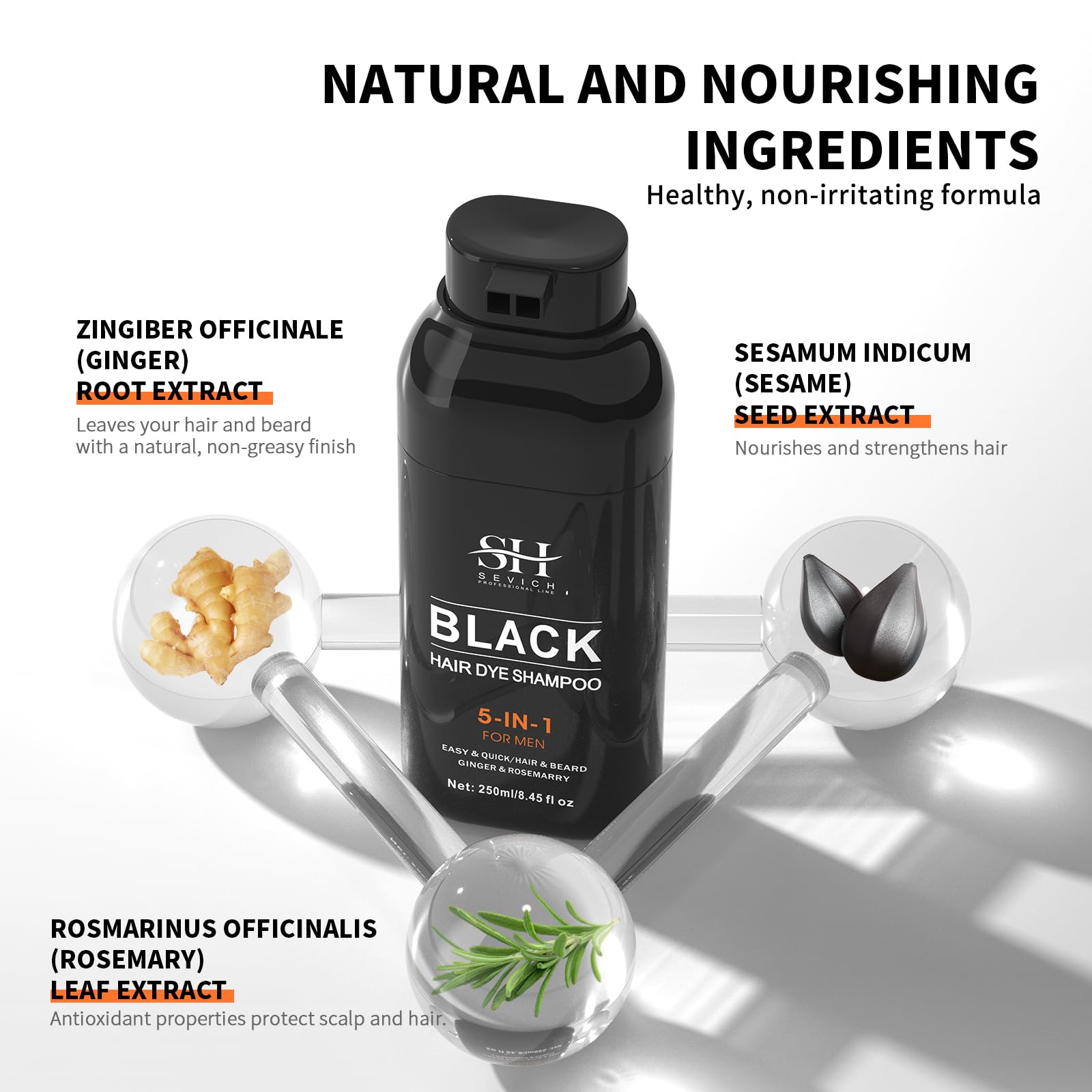 SEVICH Black Hair & Beard Dye Shampoo,Semi Permanent Hair Color,Shampoo for Gray Hair and Beard Coverage for Men, 5 in 1 Dye Shampoo Conditioner with Natural Ingredients, 250ML