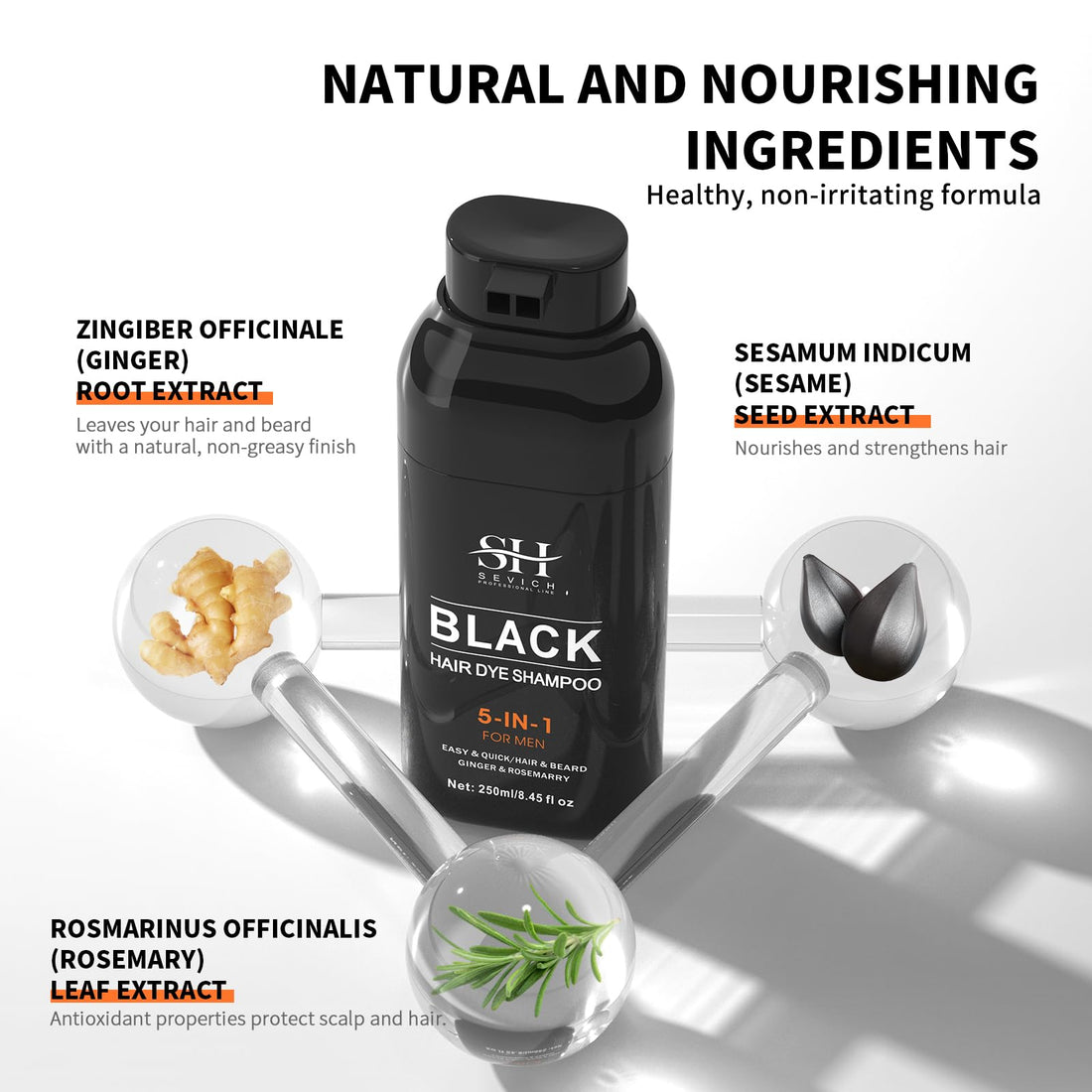 SEVICH Black Hair & Beard Dye Shampoo,Semi Permanent Hair Color,Shampoo for Gray Hair and Beard Coverage for Men, 5 in 1 Dye Shampoo Conditioner with Natural Ingredients, 250ML