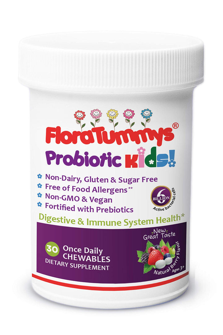 FloraTummys Kids Chewable Probiotic Prebiotics: Non-Dairy, Gluten & Sugar-Free, Peanut & Soy Free, Non-GMO, Tested & Free of Food Allergens, Vegan, Kosher, Berry Flavor(1 Bottle)