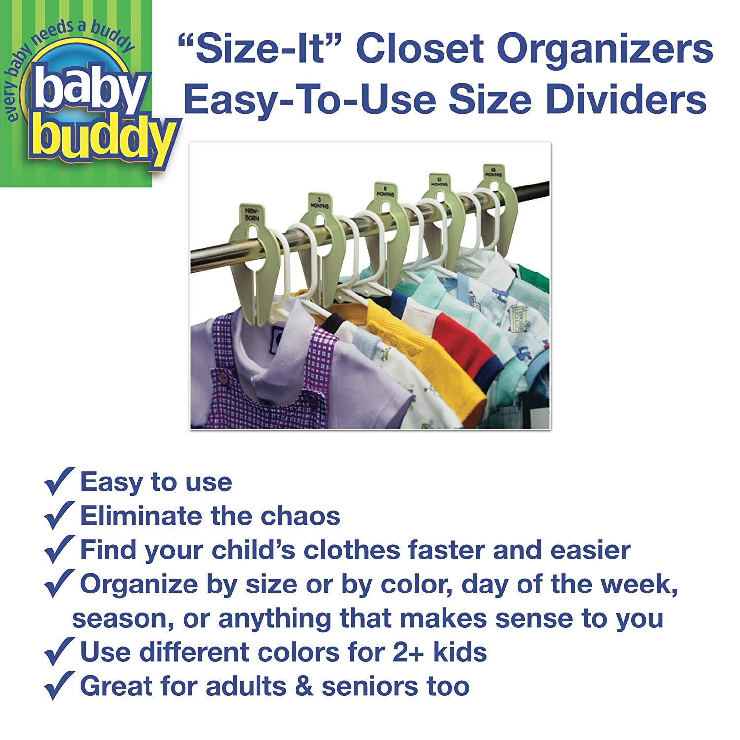 Baby Buddy Closet Organizers, Newborn Essential and Nursery Must Have to Easily Divide Baby Clothes from Newborn to Size 8, White, Set of 5